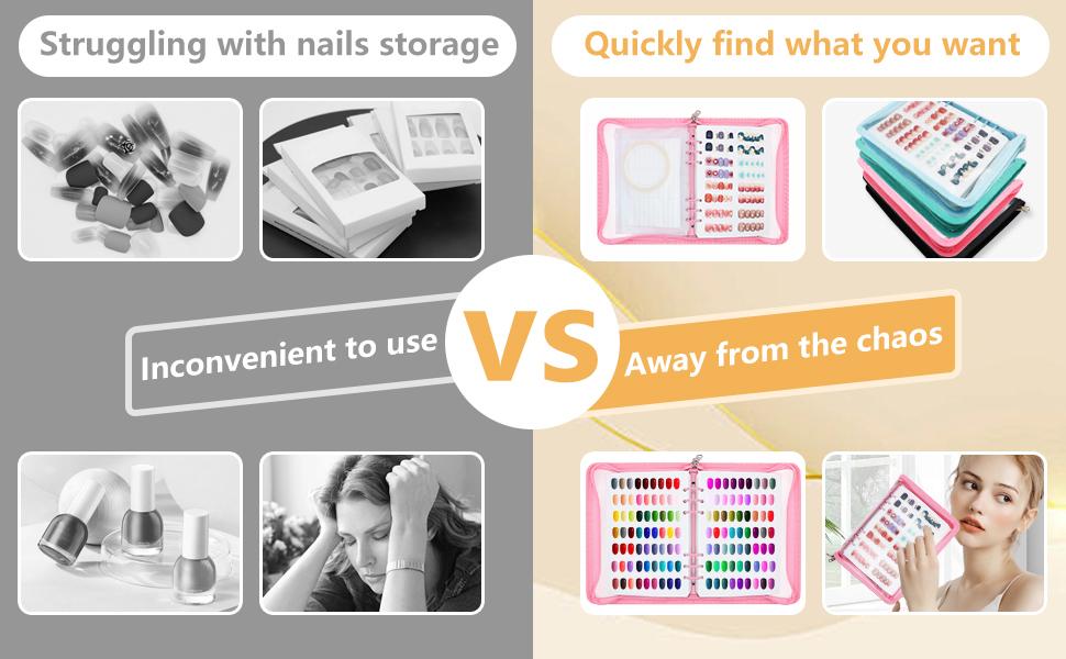 Press On Nail Storage Organizer Binder with 8 Insert Pages - A5 Size Reusable Fake Nail Swatch Collecting Book Polish Color Display Holder Container with Tape and Zipper Pocket (PINK)