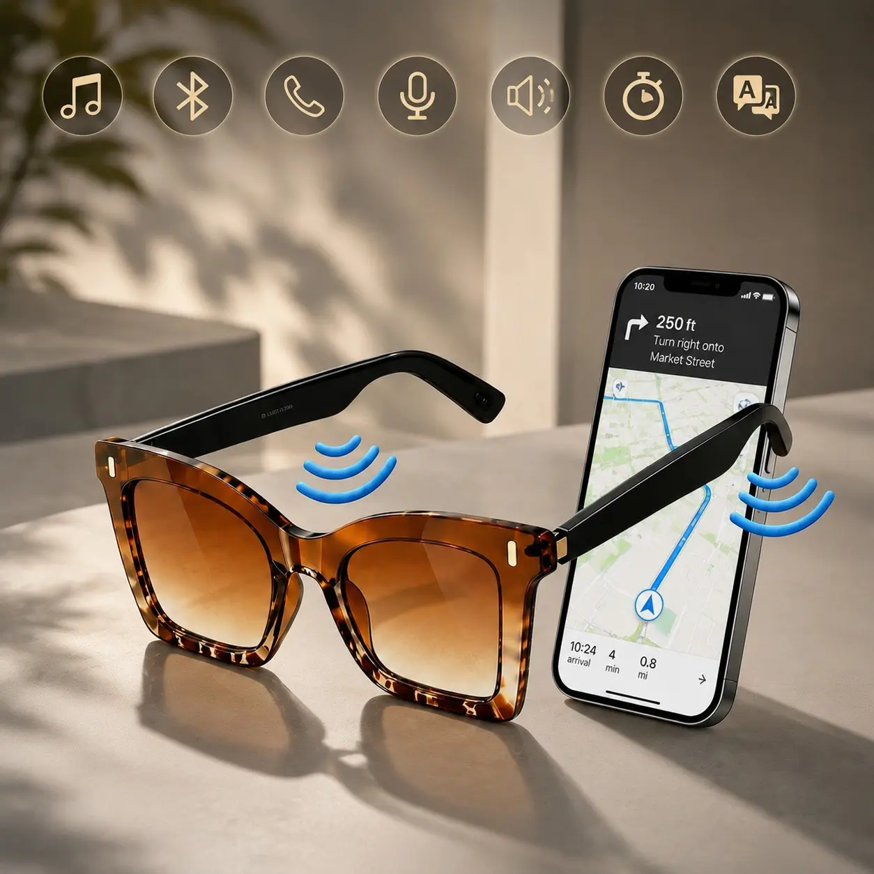AI Bluetooth Smart Multifunctional Audio Sunglasses, Smart Translation Wearable Tech Wireless, Multi-Language APP Real-Time Translator, Auto Wear Sensor On/Off, Sweatproof UV Protection Audio Shades for Travel Navigation Business Meetings