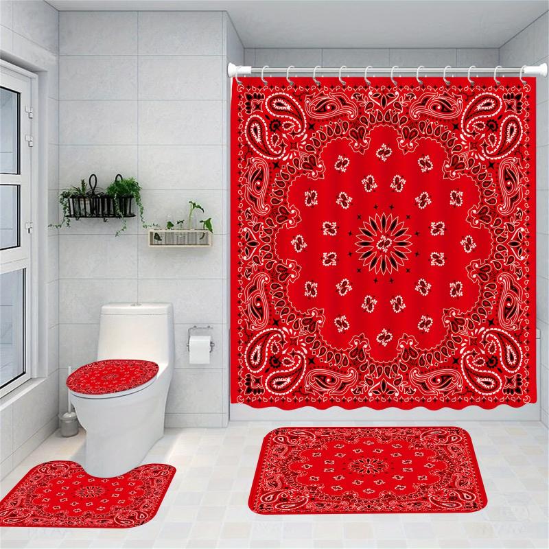 1/4pcs Red Bandanna Pattern Shower Curtain Set, Waterproof Shower Curtain With 12 Hooks, Non-Slip Bath Rug, U-Shape Mat, Toilet Lid Cover Pad, Bathroom Sets Rugs Shower Curtain Full Set, Bathroom Accessories, Home Decor