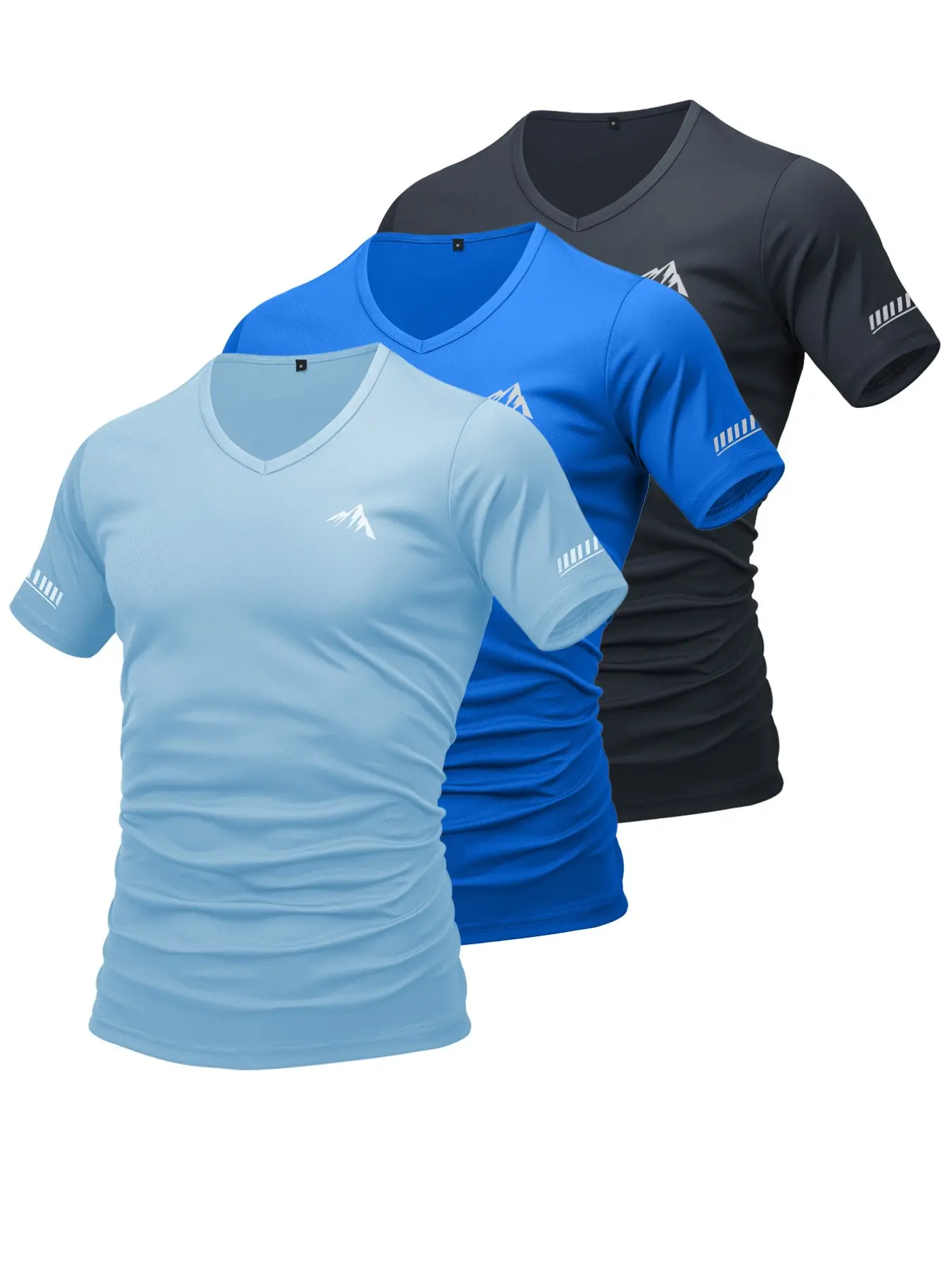 3-Pack Men's V-Neck Sporty T-Shirts, Athletic Tops, Peak Print & Reflective Sleeves, Quick-Dry Breathable Mesh, Ideal for Running, Cycling, Basketball, Athletic Clothes