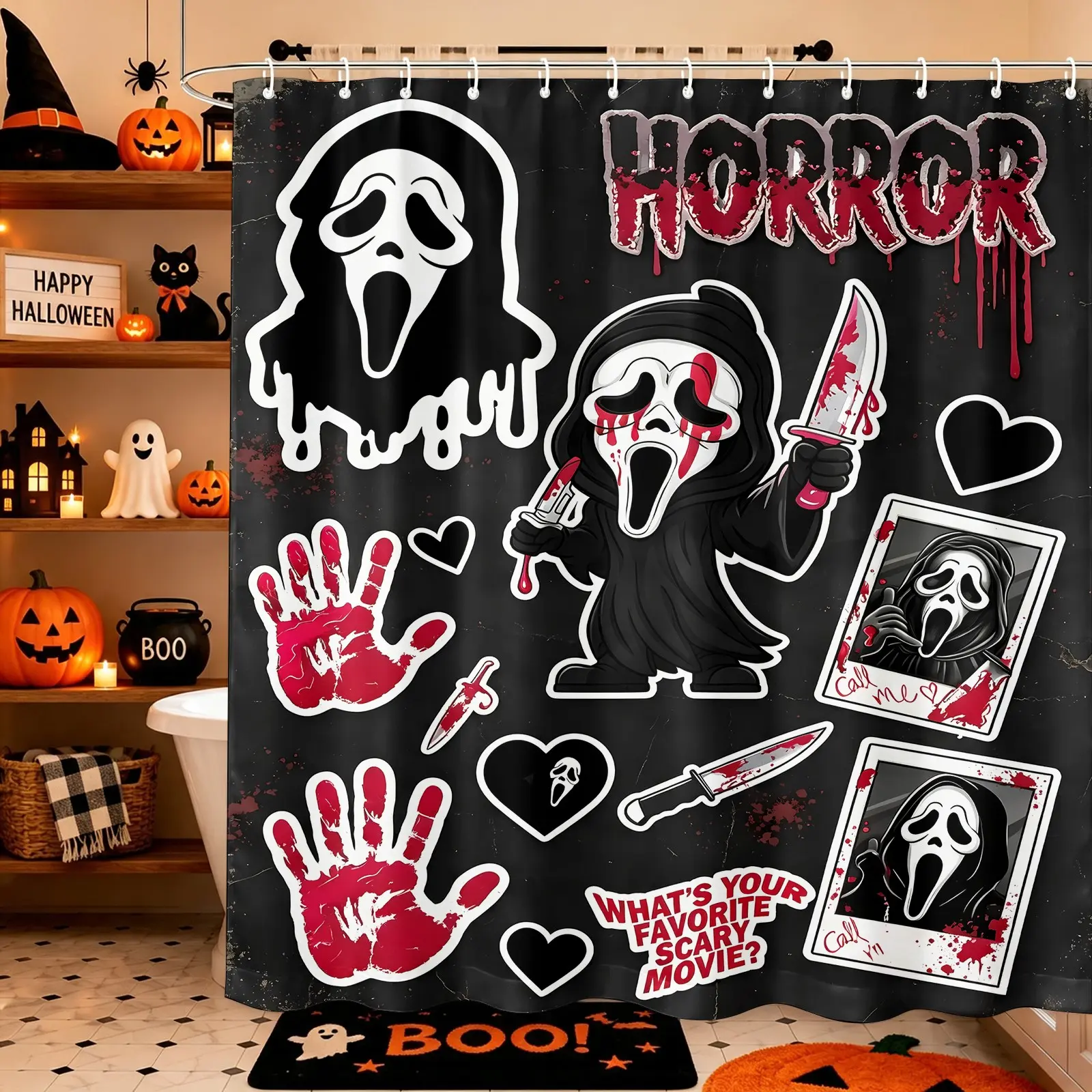 Halloween Ghost‑Face Horror Sticker Printed Shower Curtain, 1 Count Waterproof Bathroom Decorative Curtain with 12pcs Hooks, Bathroom Accessory, Halloween Bathroom Decoration Accessories