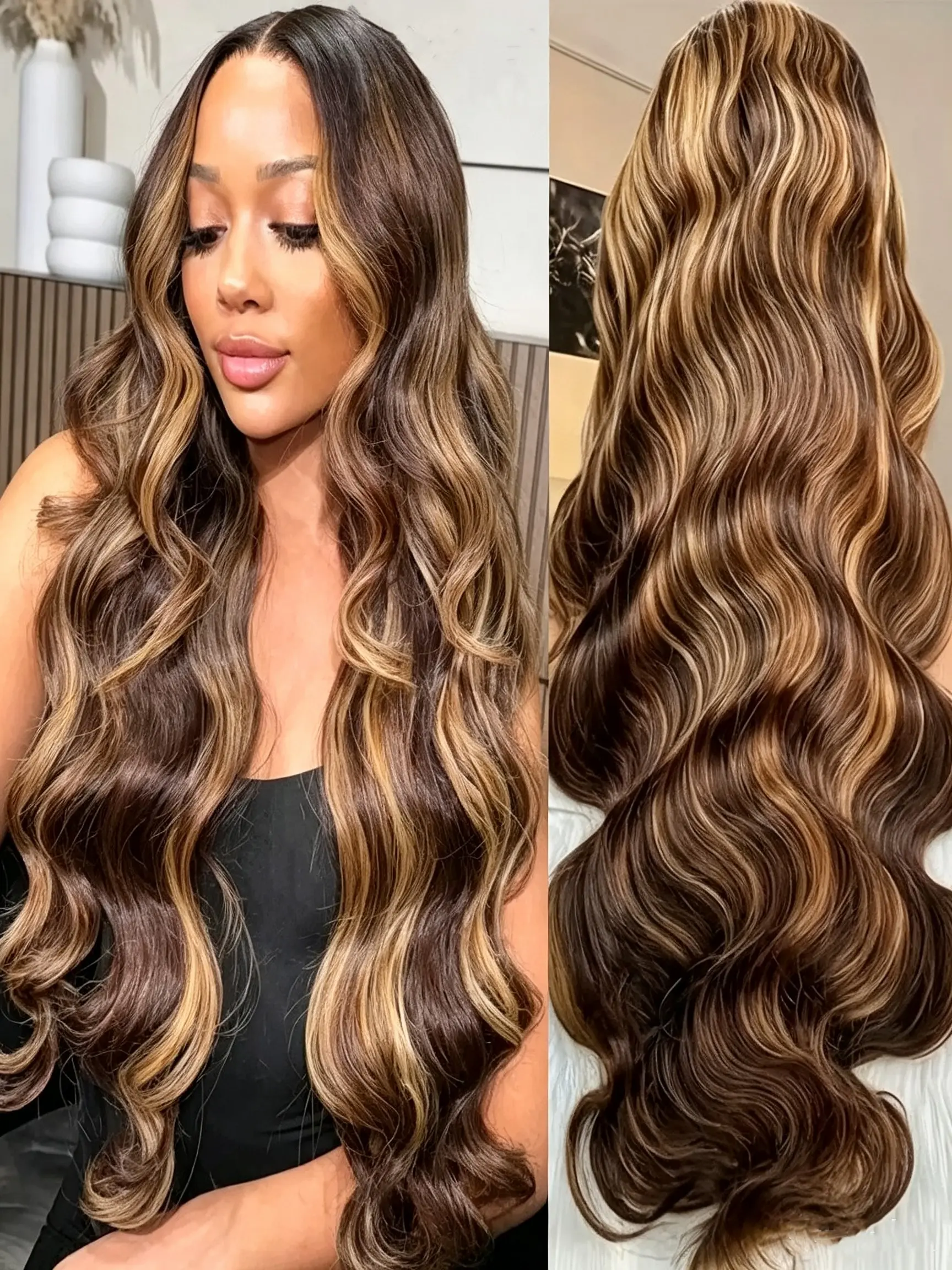 Ombre Highlight Body Wave 13x4 Lace Front Wig Widow's Peak HD Transparent Lace Frontal Wigs Synthetic Hair Pre Plucked Wavy Wig 200 Density #P4/27 Brown Blonde Wigs For Women Daily Wear