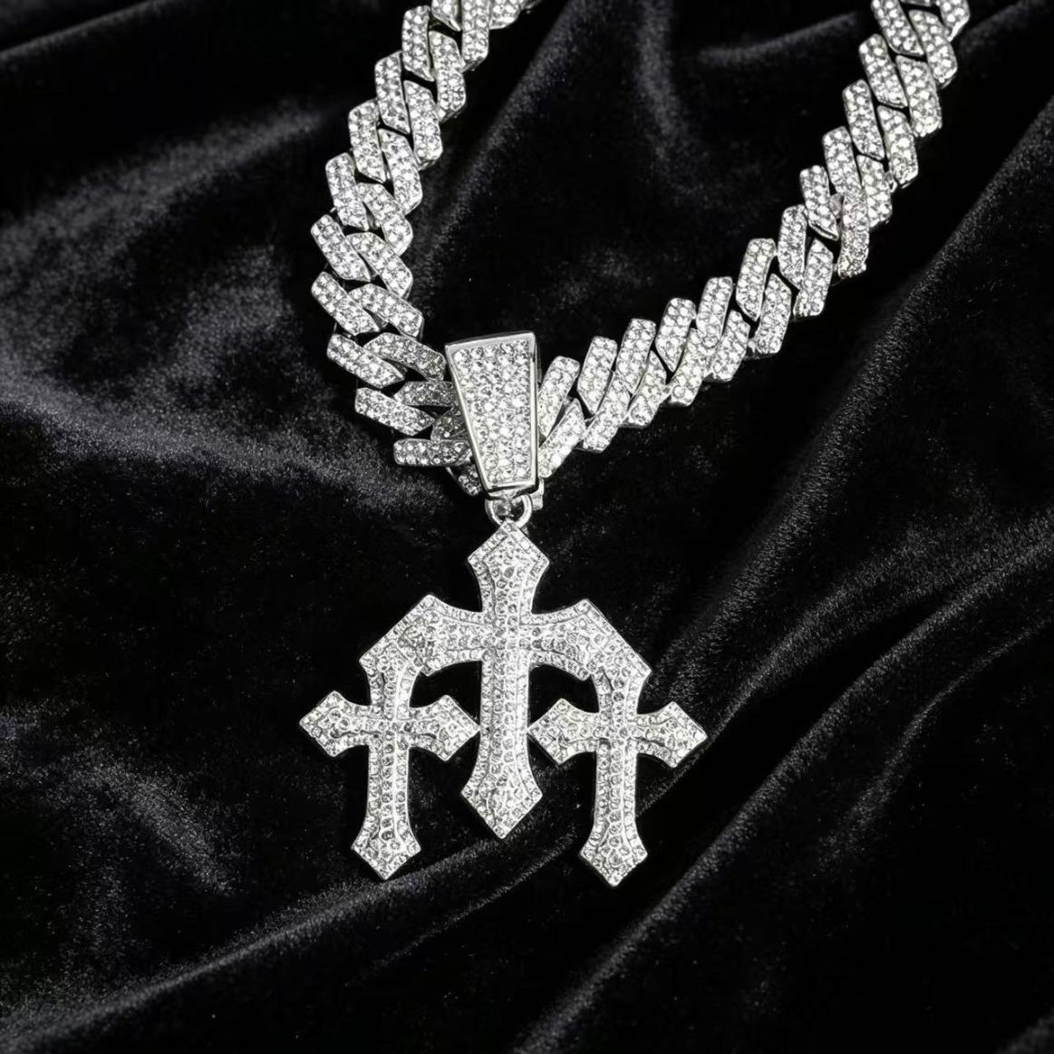 New Men's Iced Out Moissanite Stacked Crosses Pendant Necklace, Hip Hop Jewelry with Exaggeration 14mm Cuban Chain Rhinestone Gift, Luxury Trend