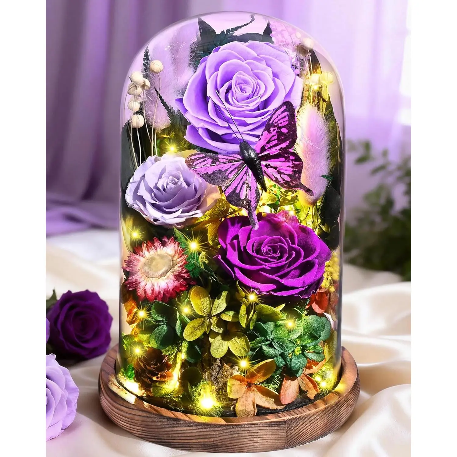 Gifts for Mom Mothers Day Birthday Gifts for Women, Forever Rose Flowers for Delivery, Purple Preserved Roses Flowers in Glass Dome with Light Gift Box for Mom Her Women Wife Anniversary