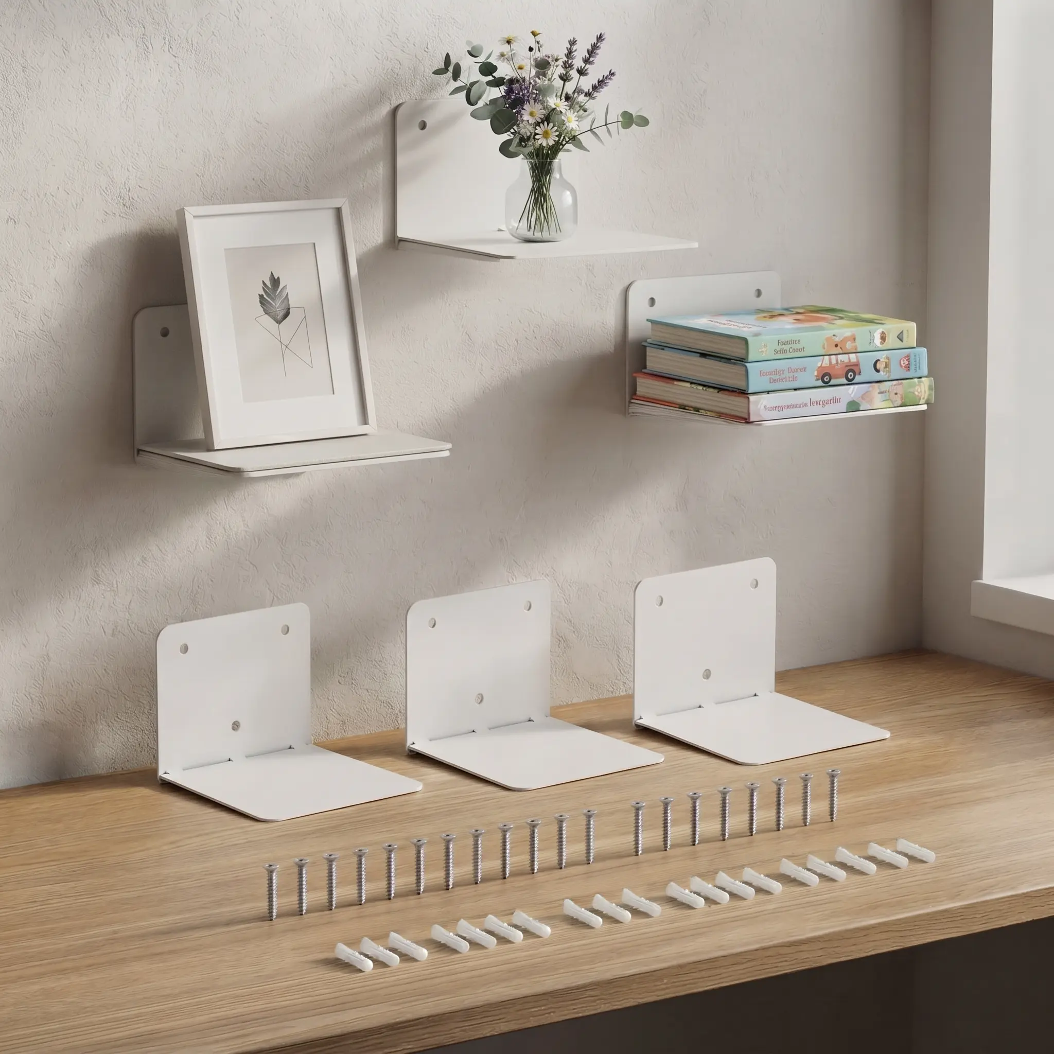 Invisible Floating Bookshelf, Wall Mounted Floating Bookshelves Heavy-Duty Book Organizers Hidden Book Shelf Metal Shelves Holder for Books Storage Bedroom Living Room Home Office, 4 or 6-Pack White