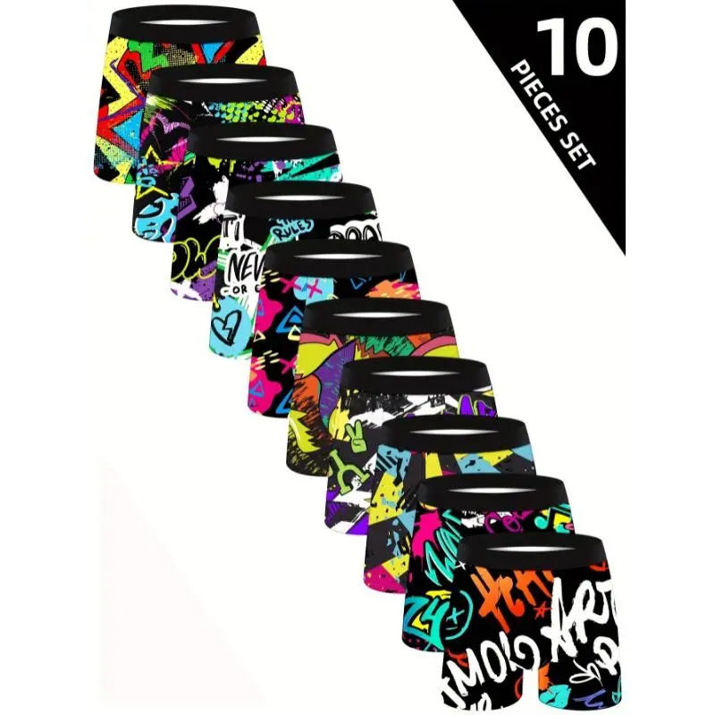 10pcs Men'S Boxer Briefs, Long Length, Trendy Graffiti Print, Stretchy Elastane Fabric