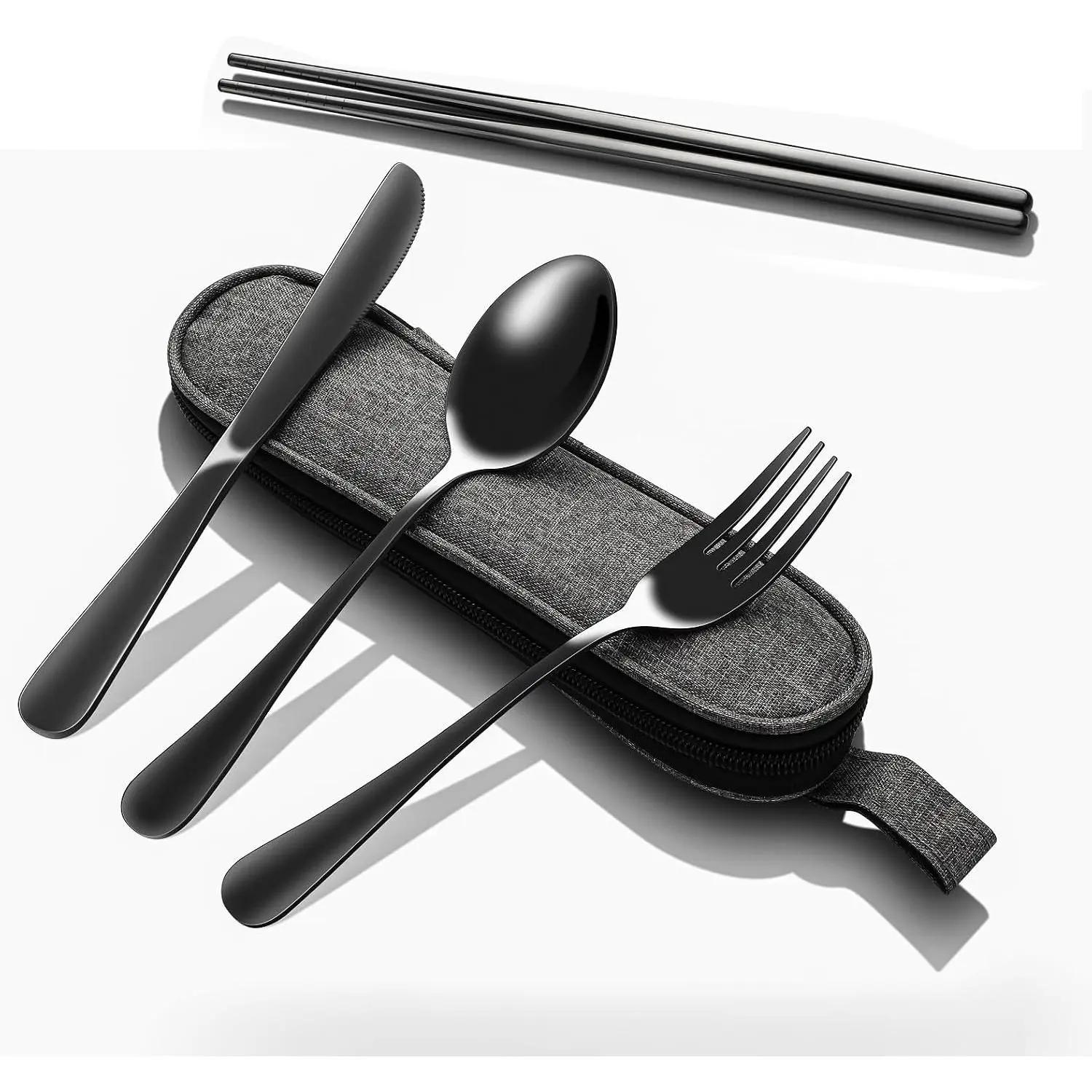 Matte Black 5- Stainless Steel Travel Utensil Set with  Case,  Portable Flatware Includes , Fork, Spoon, Chopsticks for Camping, Office, Picnic & Daily Use