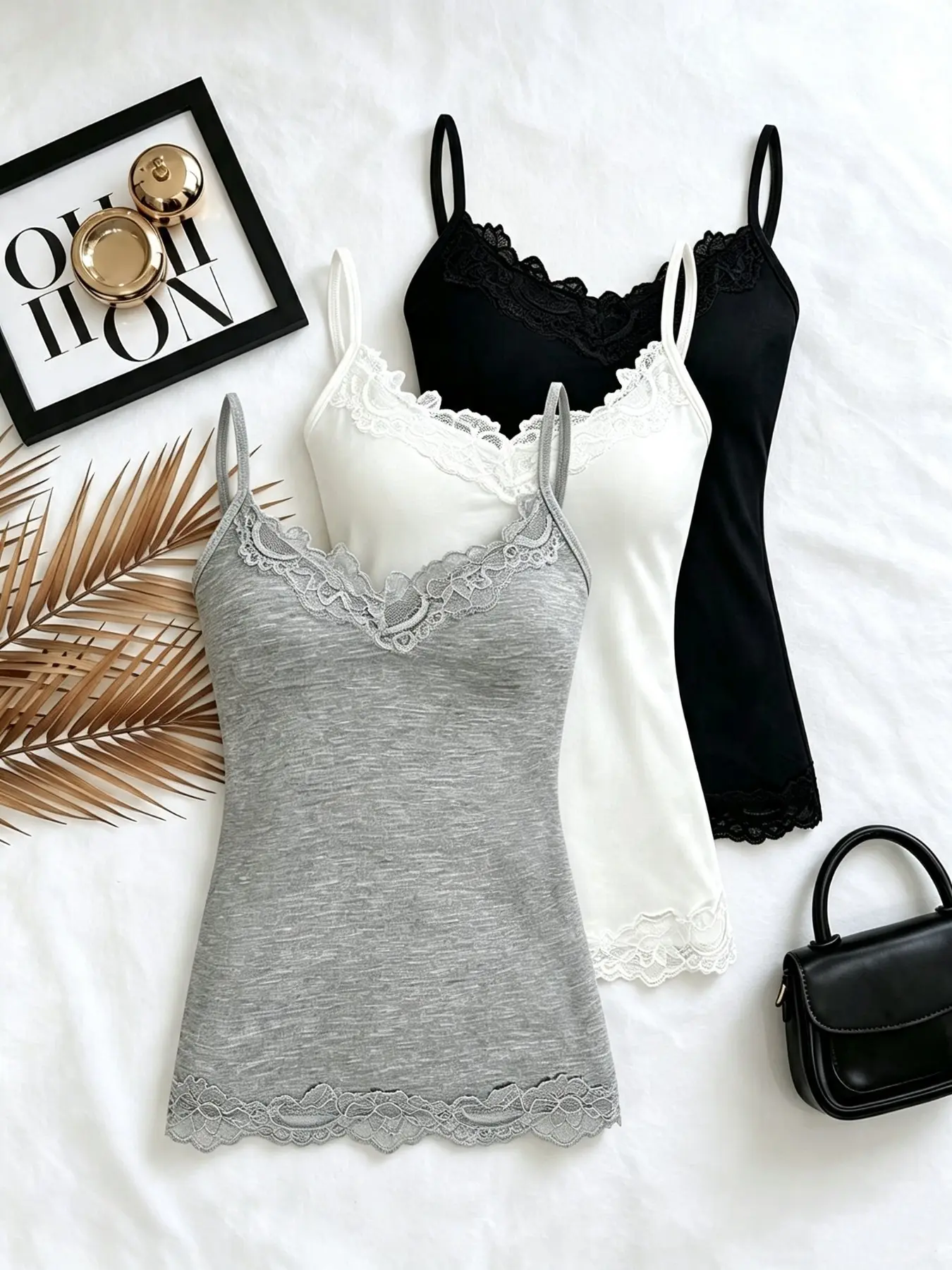 Women's Lace Trim Halter Top Set, V-Neck Thin Strap Cami, Soft Basic Sleeveless Top, Three-Piece for Casual Everyday Wear
