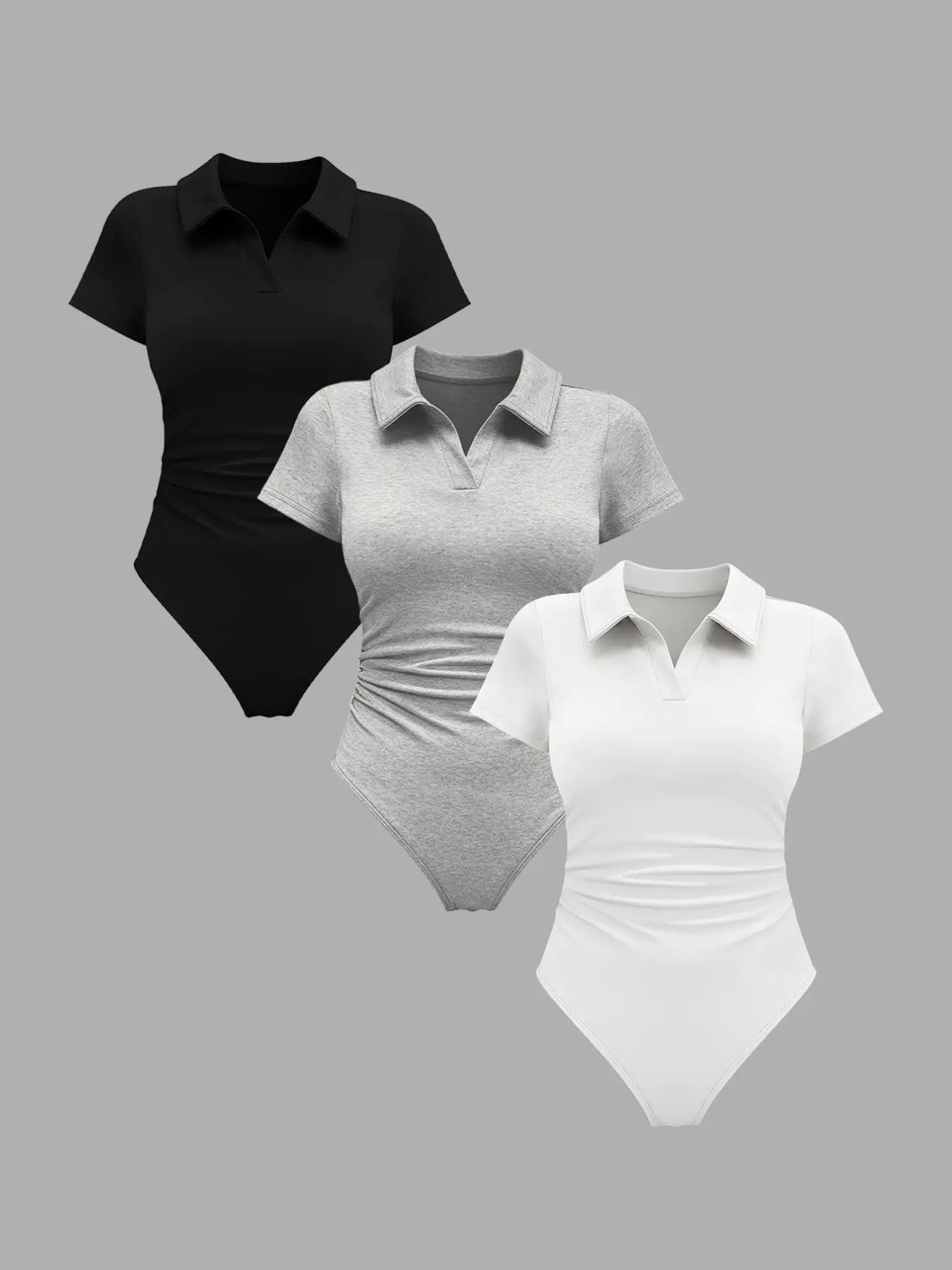 Women's 3-Piece Soft Stretch Bodysuit Fashion Comfort Knit Set, Pure Color Design, Stand Collar, Gathered Waist, Slimming, Inner & Outer Wear, Jumpsuit Suit Group