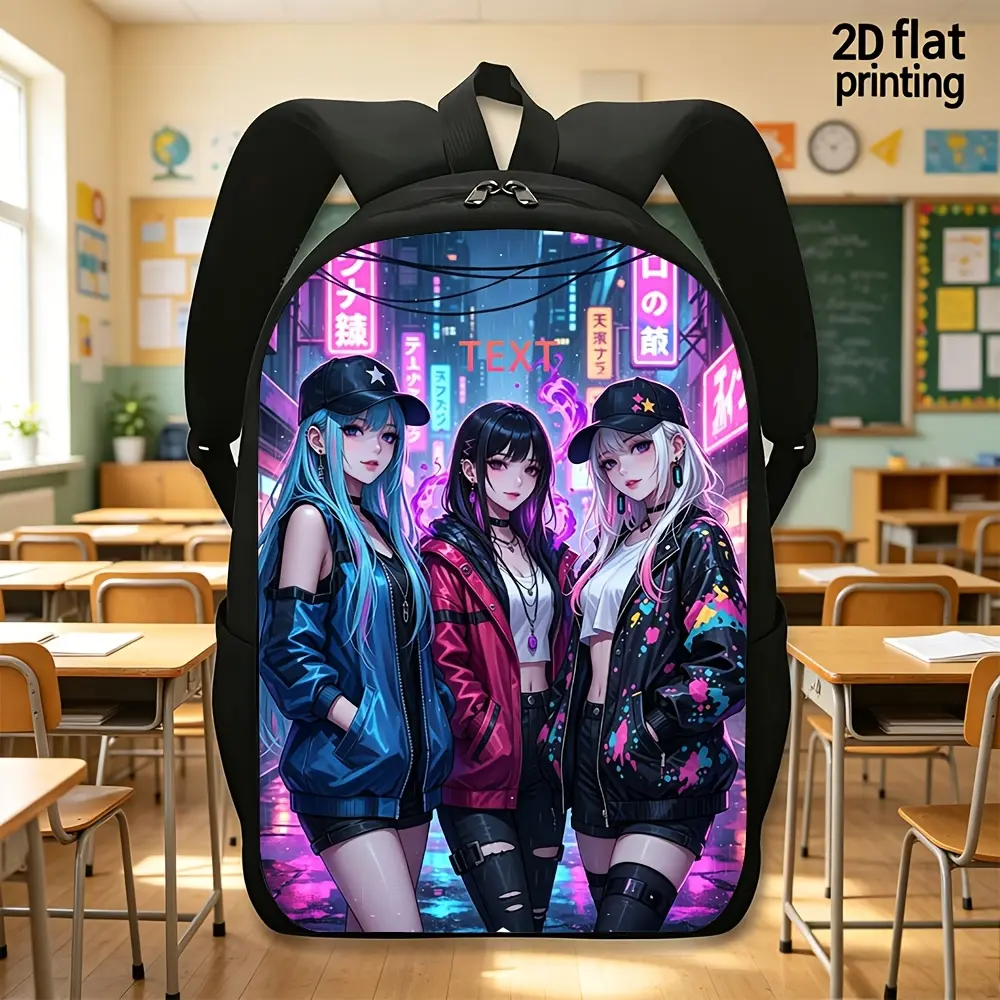 Girls' Group Theme 2D Printed Backpack, 1-Piece Lightweight Zipper Design with Adjustable Shoulder Strap, Ideal for Daily Commutes, School bookbag