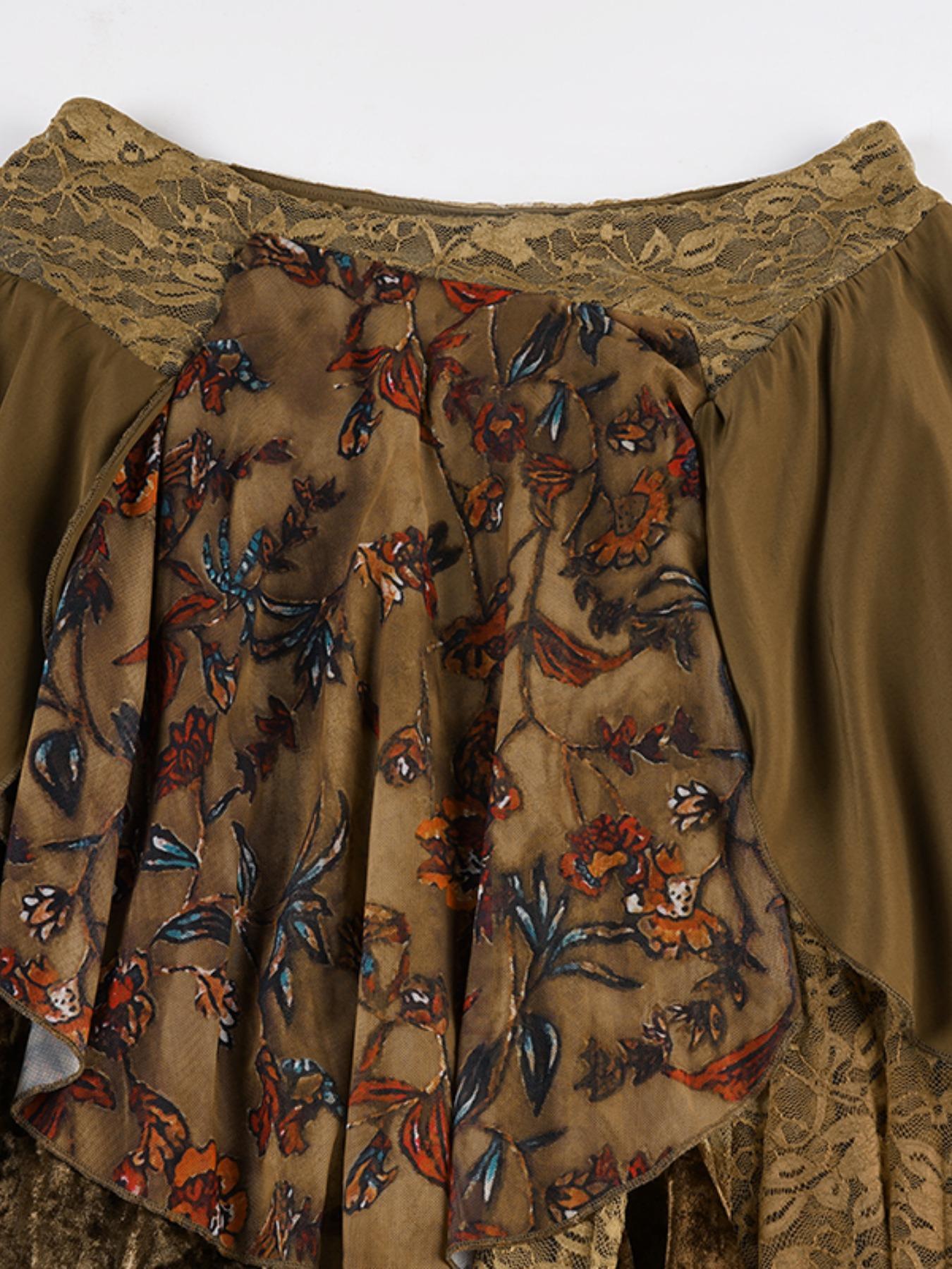 Women's Floral Lace Skirt, Vintage Sweet Skirt, Retro Asymmetrical Skirt, Boho Casual Skirts for Daily Wear, Ladies Bottoms for All Seasons