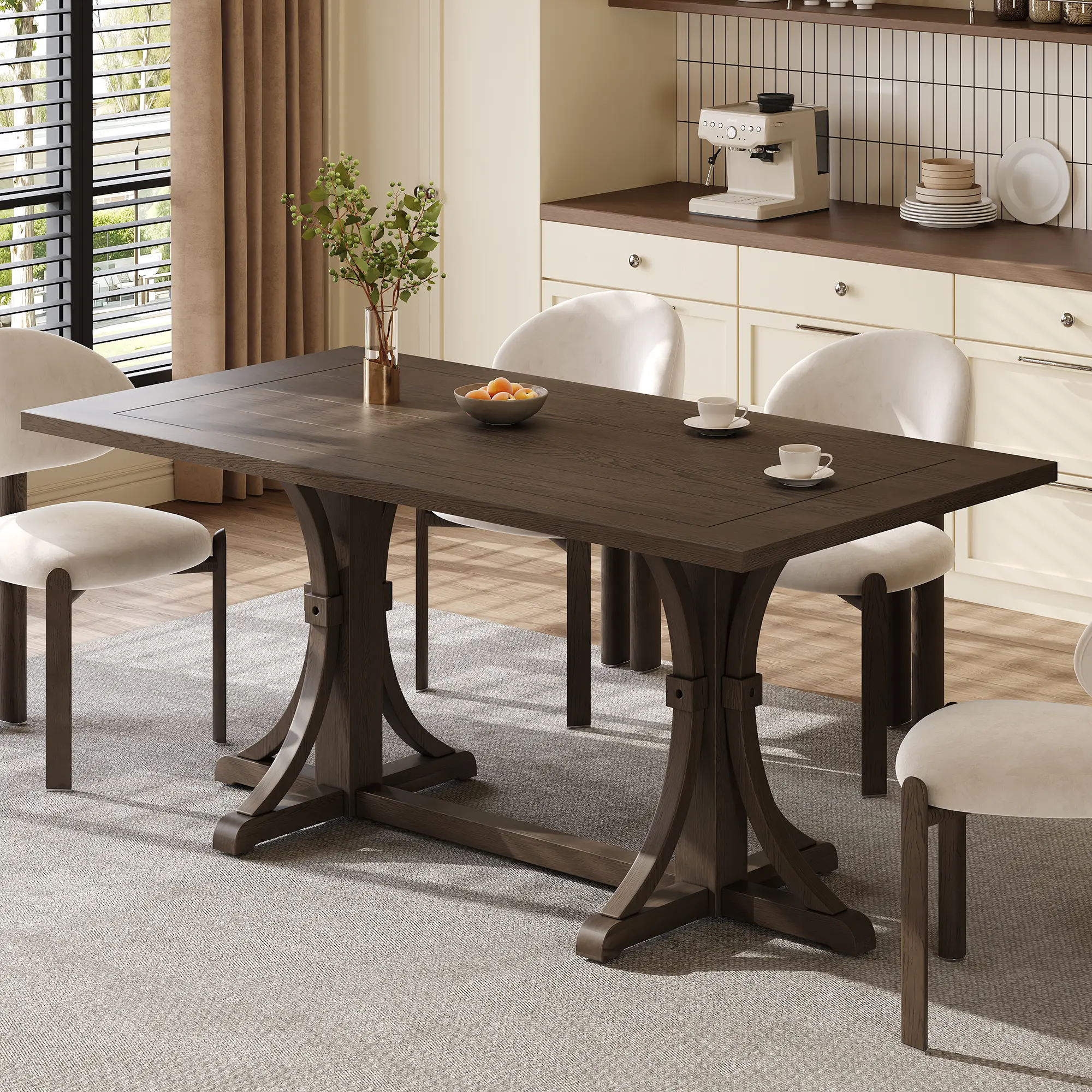 ARCH Rectangular Solid Wood Farmhouse Dining Table - 60in Rustic Trestle Base, Curved Legs, Espresso Finish, Easy Clean Indoor Furniture for 6 People, Solid Wood+MDF, 36.00W x 60.00D Kitchen/Dining Room Table