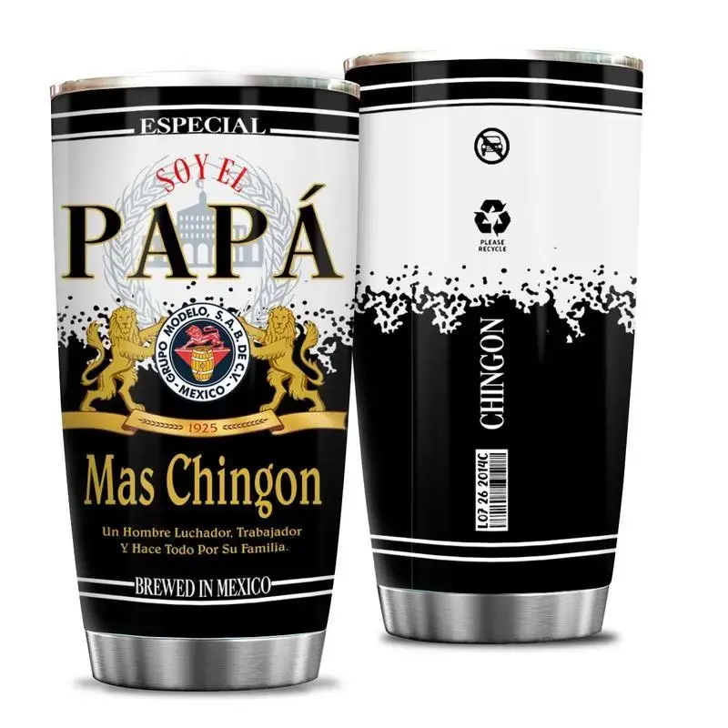 20oz Stainless Steel Double Wall Insulated Flask - Mexican Heritage Design, "Soy El Papá Mas Chingon" Mens Dad Gift, Tapered Base 12h Hot Hold Coffee Tumbler for Father's Day, Kitchenware Drinkware for Daily Commute, Flasks, Stainless Steel Insulated