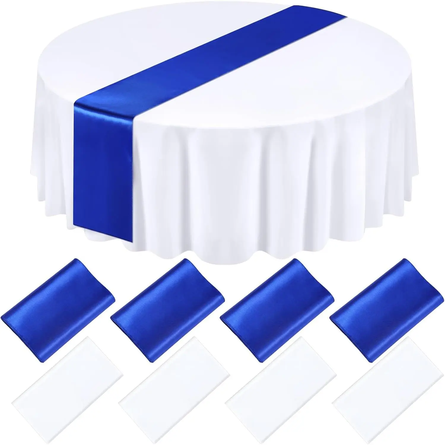 8 Pcs White and Blue Round Tablecloth and Set 84 Inch Round Covers 12 x 108 Inch Table for Wedding Birthday Baby Shower Anniversary