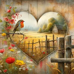 5D Diamond Painting Kit with Tools No Frame Heart Shaped Design Robin Bird Countryside Scene DIY Craft for Home Wall Decor Living Room Bedroom Gift Idea