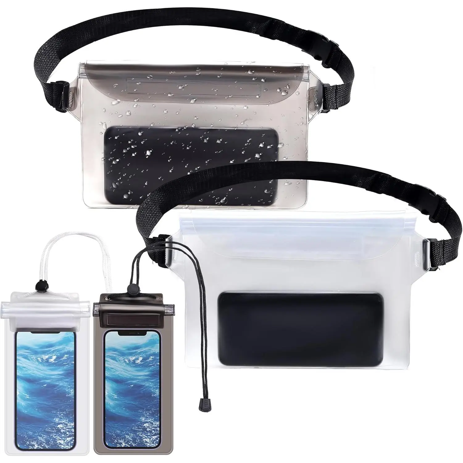 4 Pack Waterproof Fanny Pack with Waist Strap Waterproof Phone Pouch Dry Bag for Kayaking Pool Swimming Boating Beach Fishing Travel Diving Surfing (Black & White, 2 Fanny Pack + 2 Pouch Bag)
