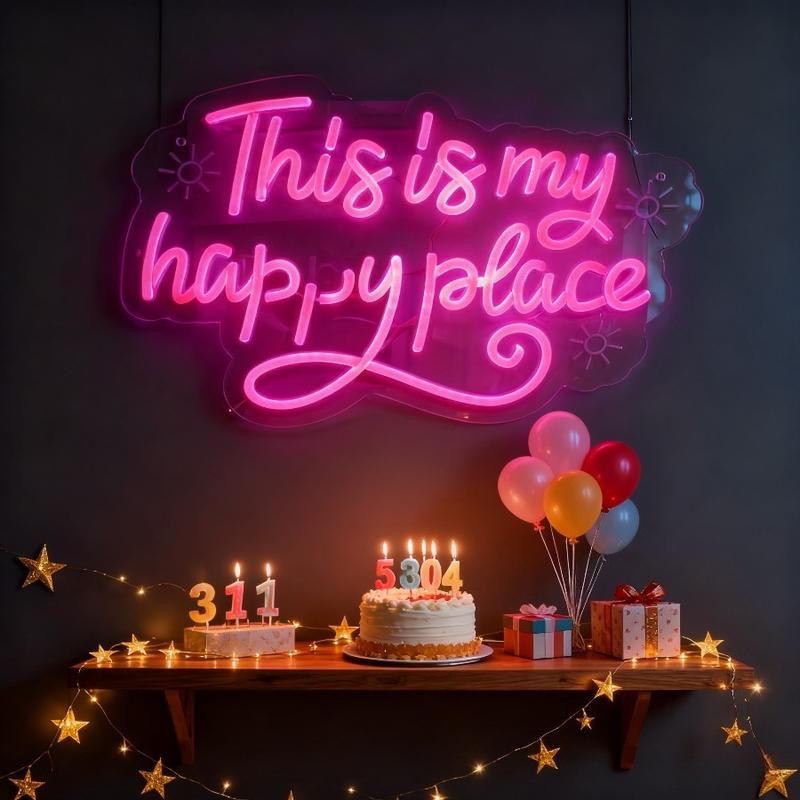 This is my happy place pink neon sign usb powered dimmable LED light sign, dimmable switch, birthday, christmas, thanksgiving, new year, housewarming gifts, family gathering, bar, game room, man cave, bedroom wall decoration
