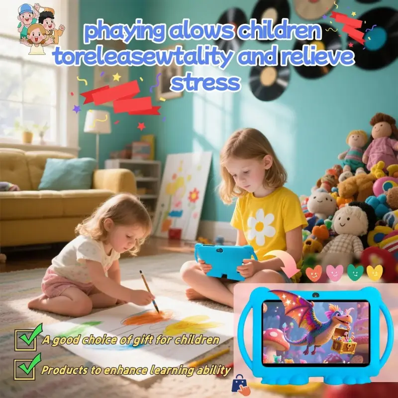 7-inch Android Learning Tablet with shockproof protective case, 1GB + 16GB, Wi-Fi, parental controls, dual cameras, Bluetooth tablet, educational, blue/pink, eye protection mode