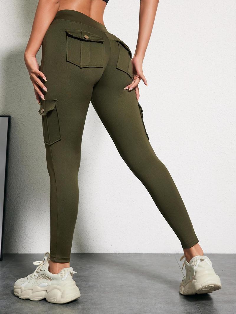 Women's Plain Flap Pocket Button High Waist Leggings, Casual Comfy Breathable Skinny Cargo Pants for Daily Wear, Ladies Bottoms for All Seasons, Leggings for Women, Pants for Women