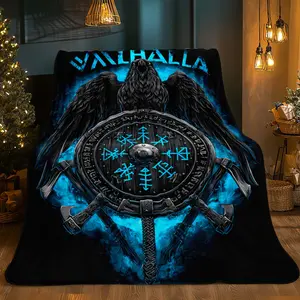 1 Viking Norse Raven Valhalla Blanket - Dark Blue and Black Viking Rune Design - Lightweight Flannel Throw for Sofa, Bed, and Travel - Norse Mythology Decor - Soft and Warm All-Season Bedspread - Perfect Gift for History Enthusiasts and Fans