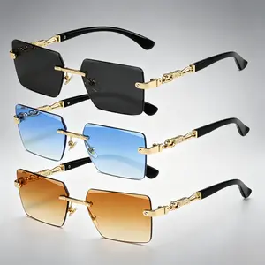 3 Pack Rimless Square Sunglasses for Men Women, Metal Leopard Decor Temple UV400 Gradient Cut Lens Eyewear, Lightweight Gold Metal Frame Anti Glare Shades for Daily Driving Beach Vacation Carnival Party Fashion Accessory,4th of july outfit
