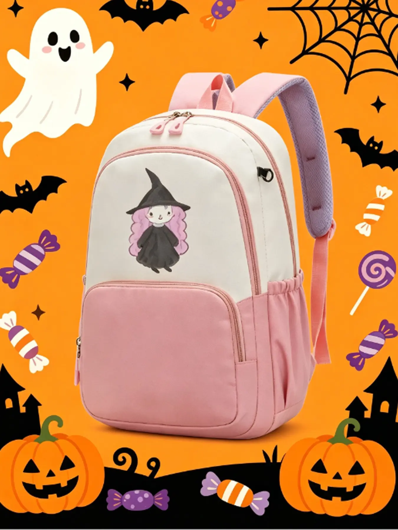 Cute Halloween Witch Backpack, Large Capacity Zipper School Bag, Fashionable Campus Laptop Bag, Travel Backpack, Gift for Girls