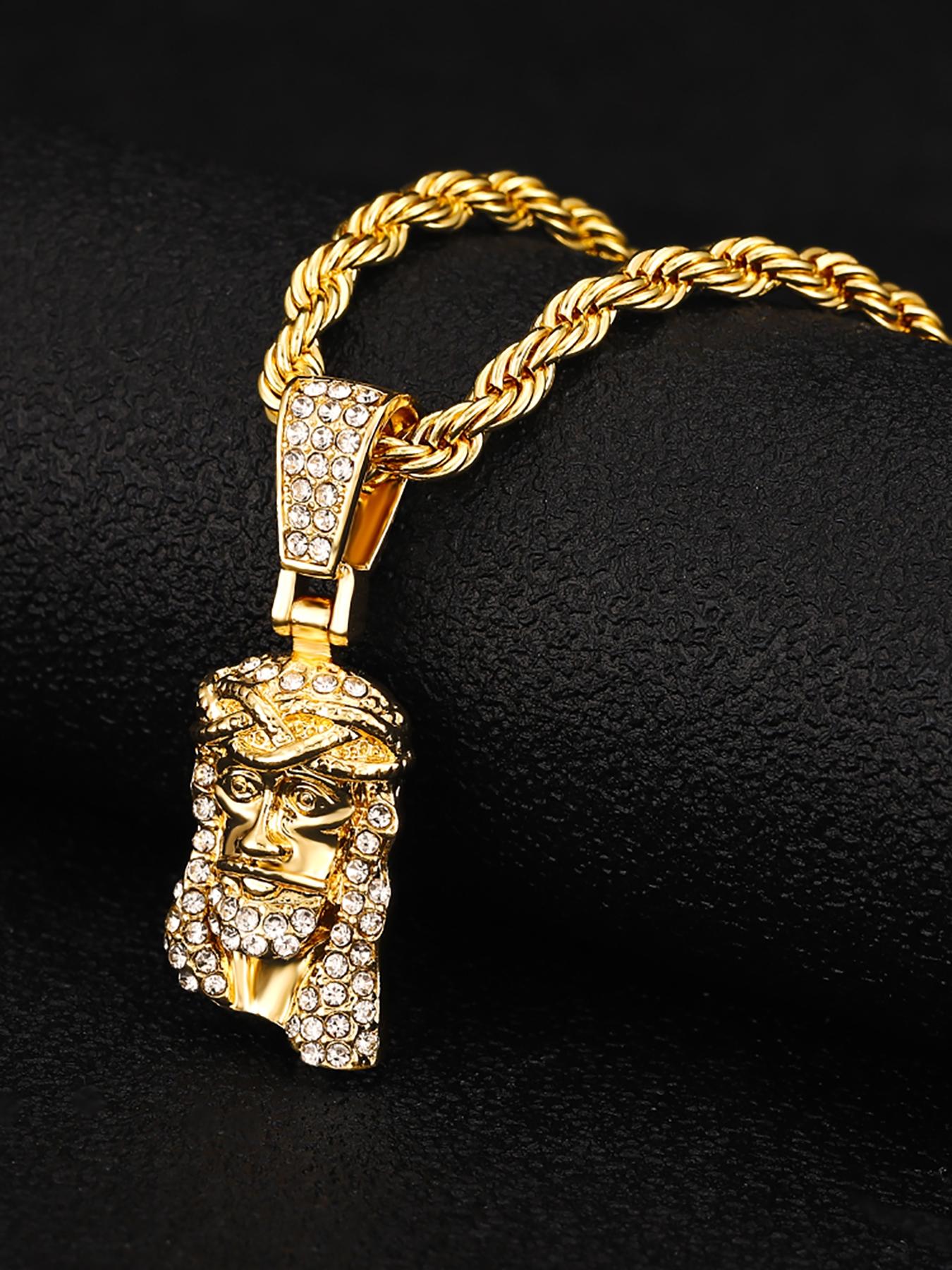 Jesus Head Pendant Necklace, Rhinestone Decor Cuban Link Chain Necklace, Fashion Jewelry for Party, Daily Clothing Decor, Trendy All-match & Exquisite Jewelry for Birthday Gift