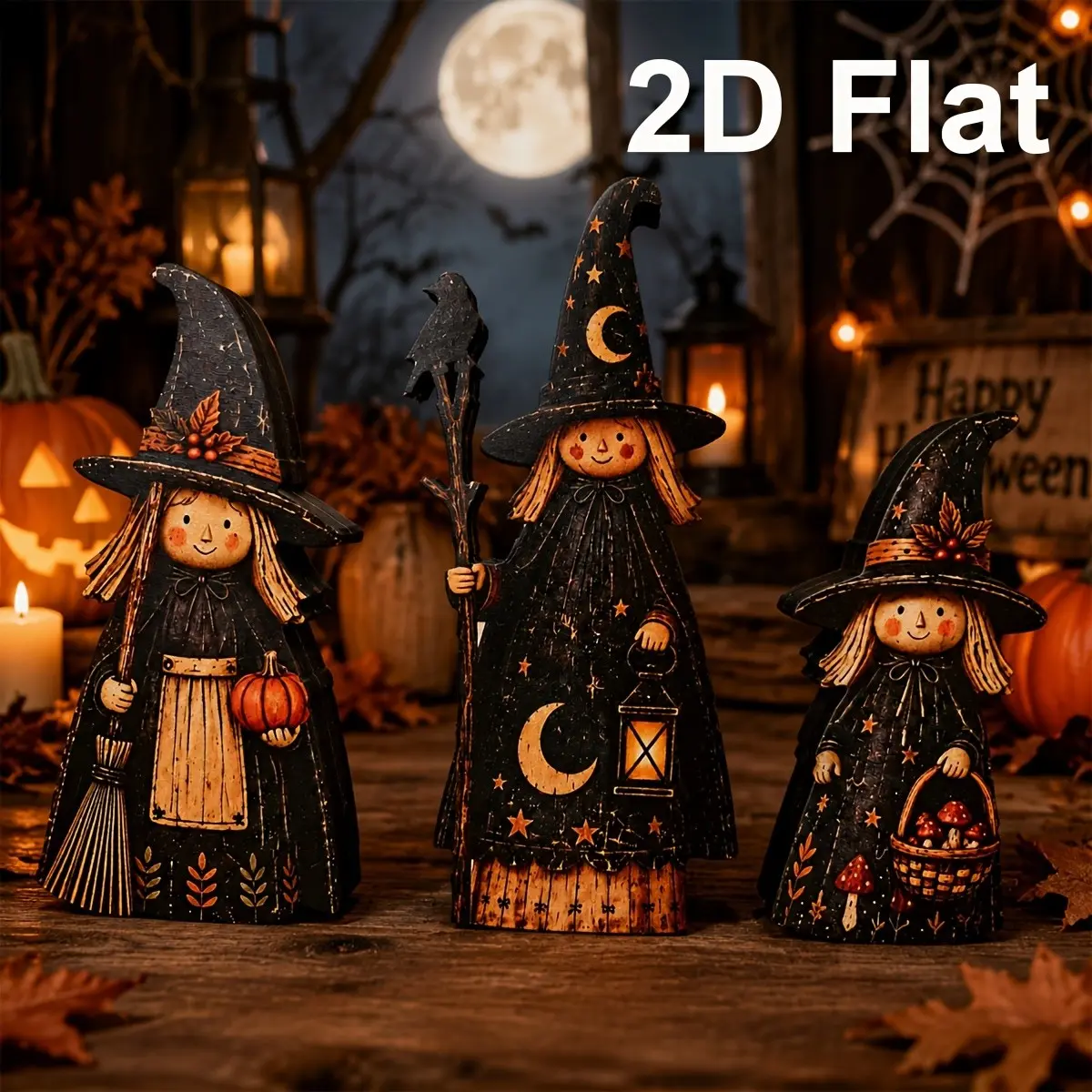 3-Piece Vintage Halloween Witch Decor Set, Rustic Wooden Witch Ornament Kit, Broom, Pumpkin, Lantern, Mushroom Basket, Gothic Fall Home Décor