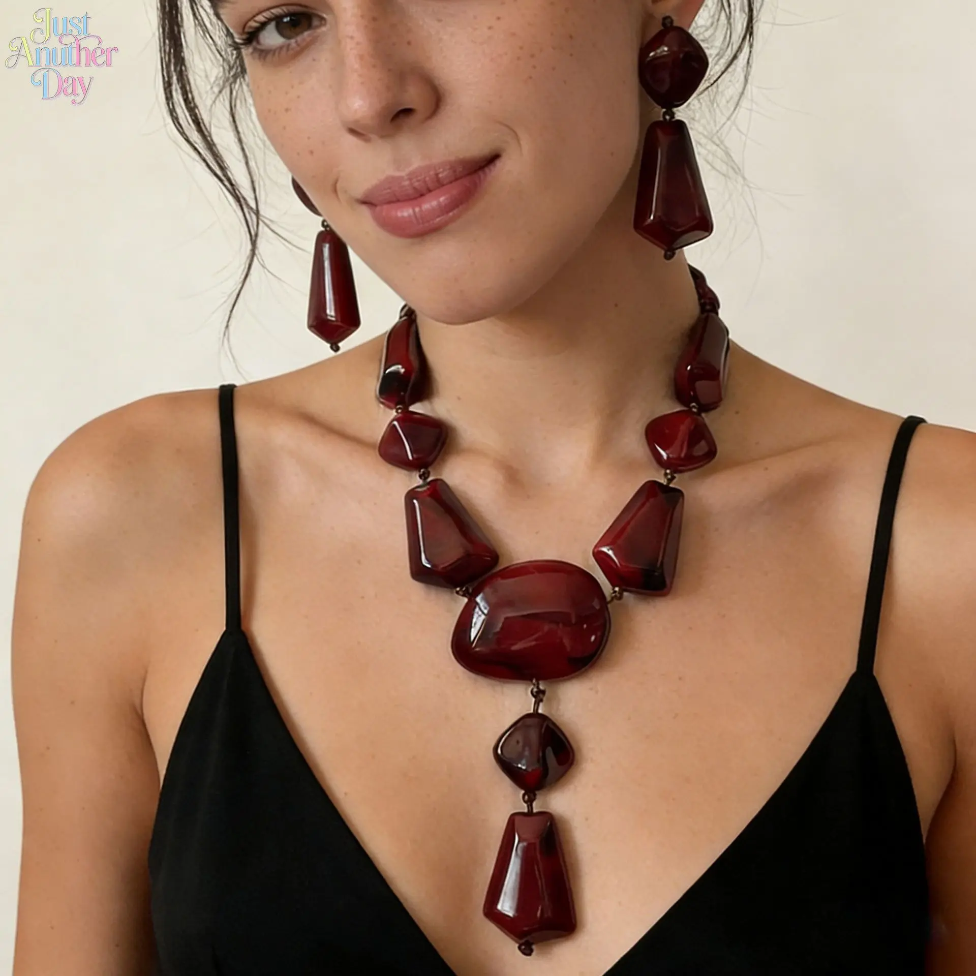 Vintage Red Irregular Geometric Jewelry Set, Chunky Statement Necklace & Drop Earrings with Marbled Acrylic, Trendy Millennial/Mei-Lad Style Accessories for Women, Ideal for Party & Daily Wear