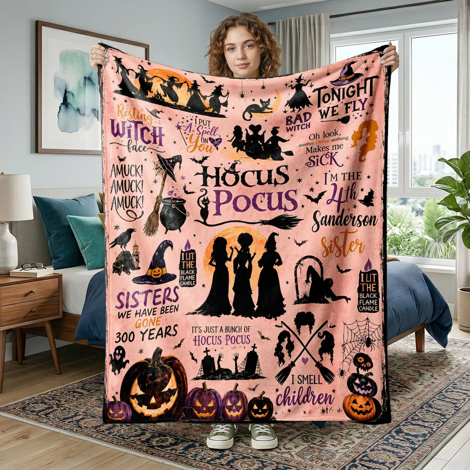 1pc Hocus Pocus Element Collage Fleece Blanket, Halloween Sanderson Sisters Pumpkin Witch Vintage Quote Print, Soft Warm Nap Throw For Sofa, Bed, Office, Camping, Perfect Halloween Gift