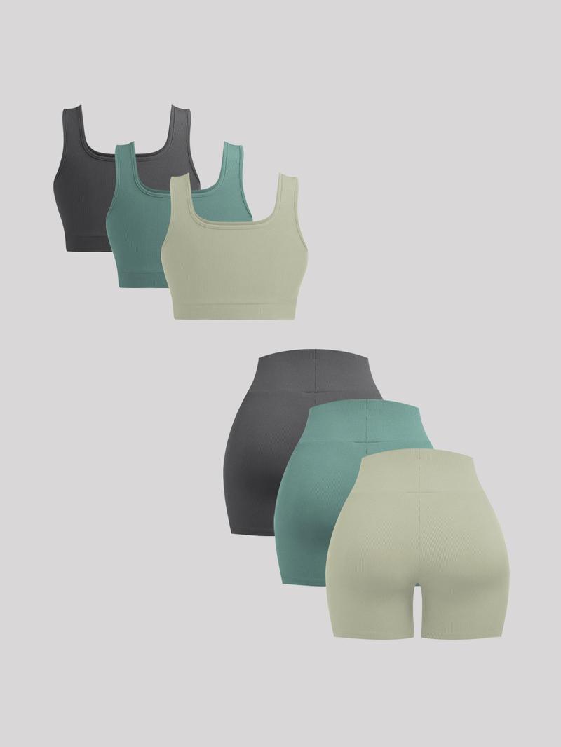 Women's Solid Ribbed Set, Casual Crop Tank Top & High Waist Skinny Shorts, Summer Outfits, Womenswear