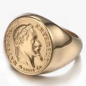 French Napoleon III Emperor Signet Ring Gold For Men Stainless Steel Francs Coin Jewelry Punk Size 7 To14