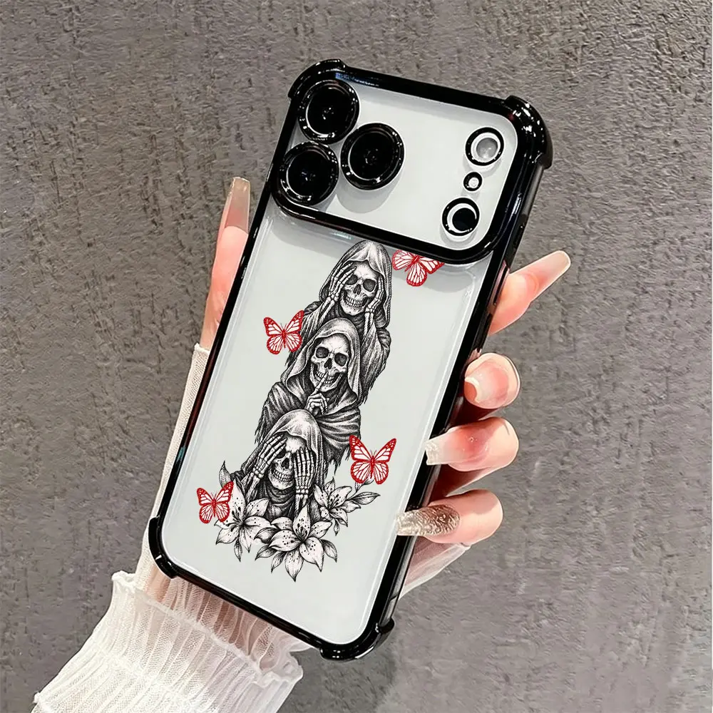 Hooded Skull Red Butterfly Lily Floral Phone Case，Dark Vintage Engraved Gothic Art Style for iPhone 17 16 15 14 13 12 11 Plus Pro Max, Unique Edgy Artwork Gift