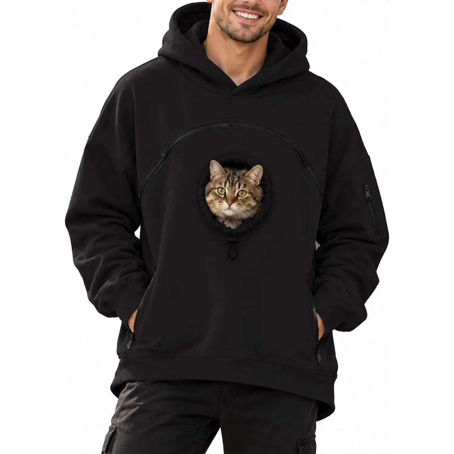 Boys' Short Fleece Oversized Kangaroo Pouch Hoodie - Black Casual Pullover with Zipper Pockets, Funny Face Sweatshirt for Cat Lovers, Fall Winter Streetwear