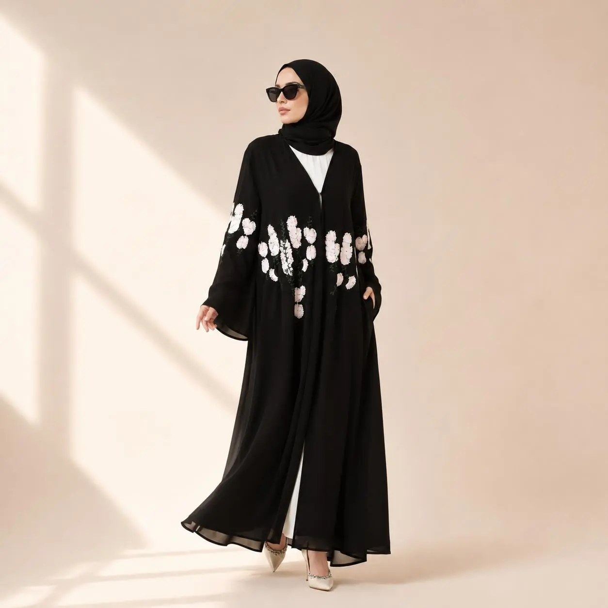 Floral Embroidered Open Abaya Layering Chiffon Eid Wedding Elegant (MOA308)