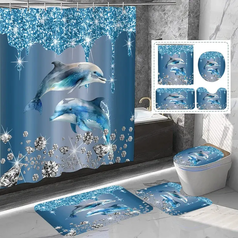 Bath Shower Dolphin Print 4-Piece Set Bundle - 180x180cm Digital Print Waterproof Shower Curtains, 12 Hooks, Bathroom Floor Mats, Digital Print Shower Curtains Sets