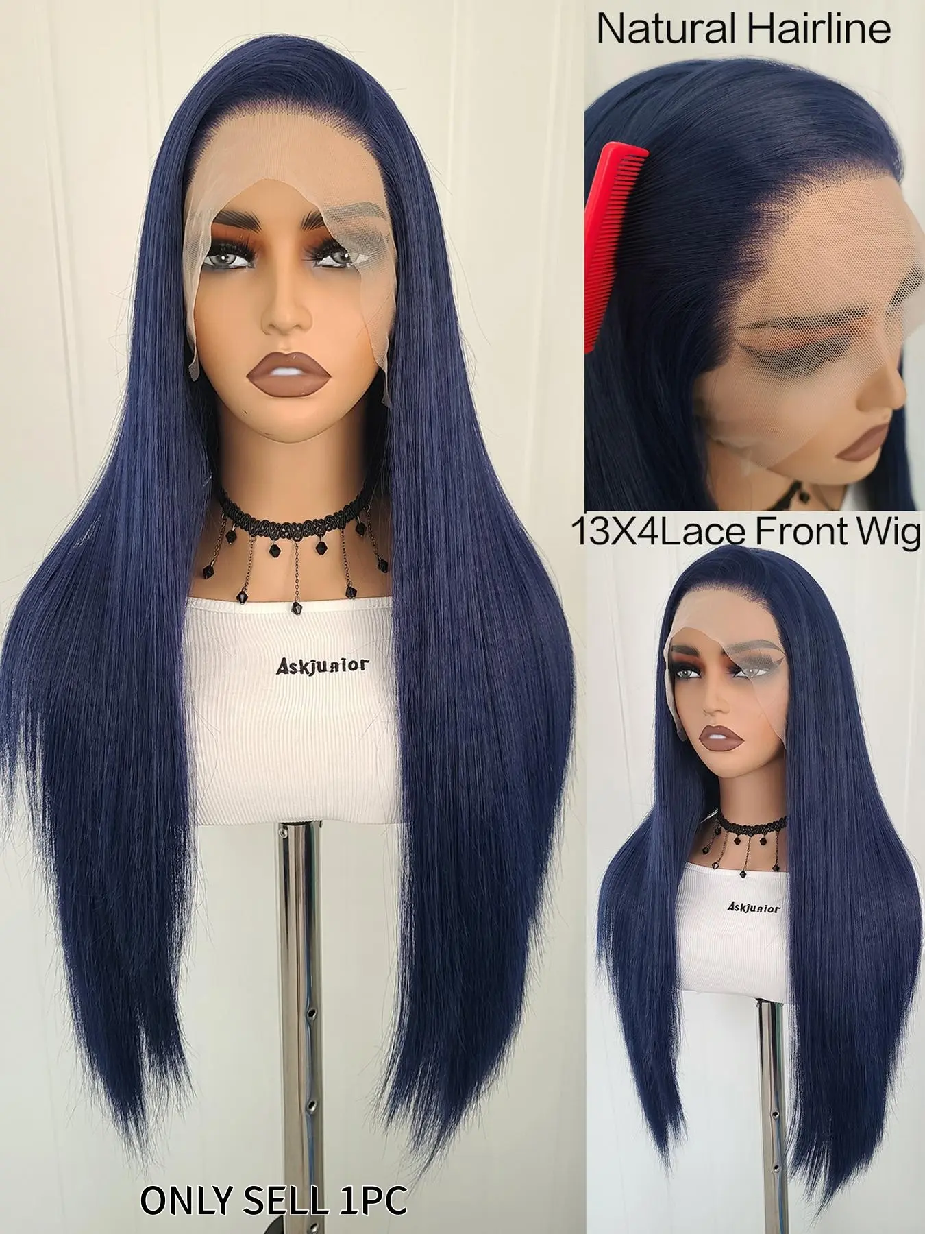 Women's Long Straight Synthetic Fiber Wig, Dark Blue Lace Front Wigs for Women, Halloween Costume Cosplay & Daily Wear, Synthetic Hair
