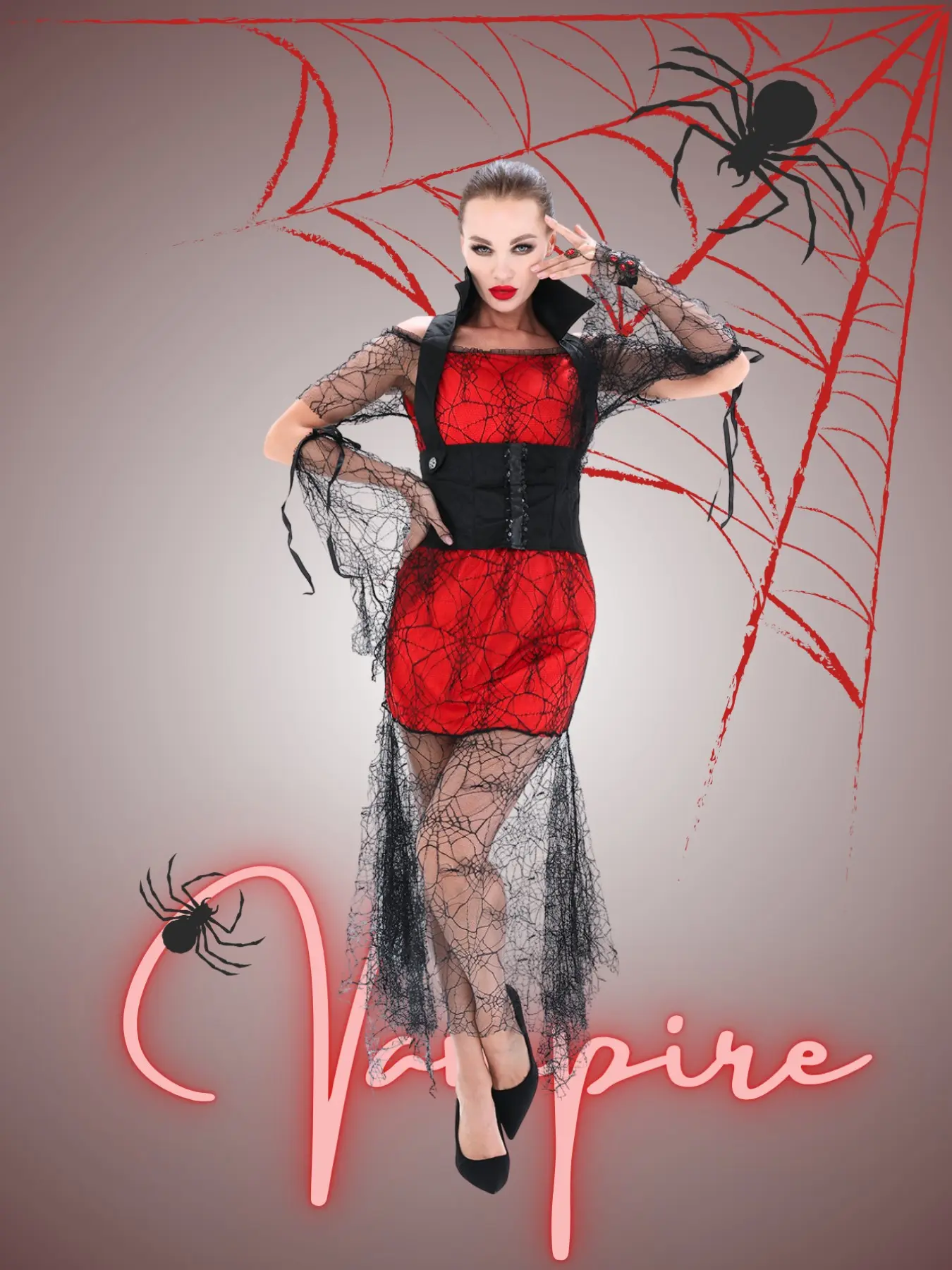 Spider Web Vampire Tight Short Dress Set, Stand Collar Waist Cinch Dress, Mesh Sleeves, Halloween Dark Vampire Queen Cosplay Costume