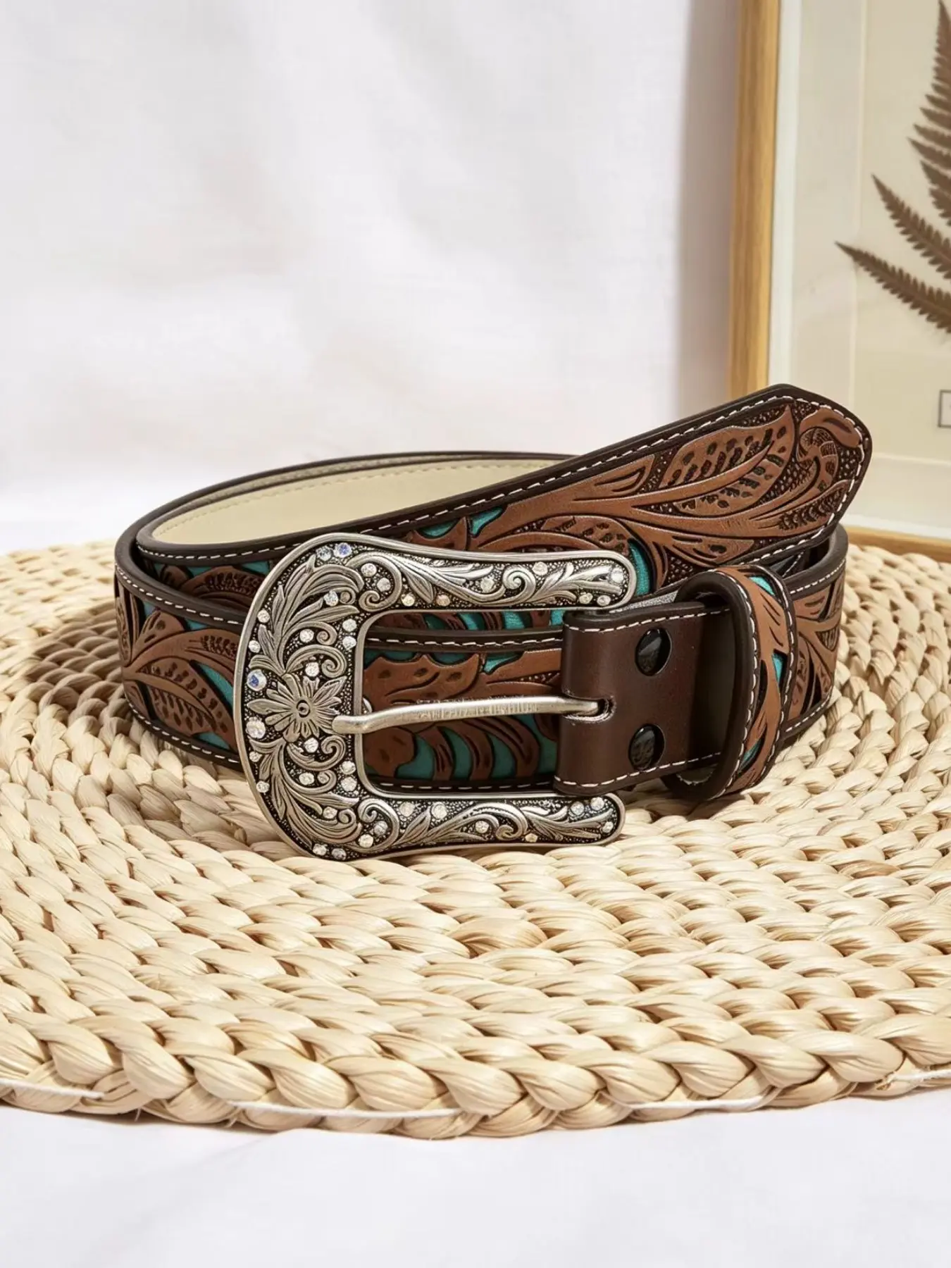 Western Style PU Belt with Hollow Out Floral Design, Rhinestone Alloy Buckle, Turquoise Color, Versatile Denim Waistband Accessory