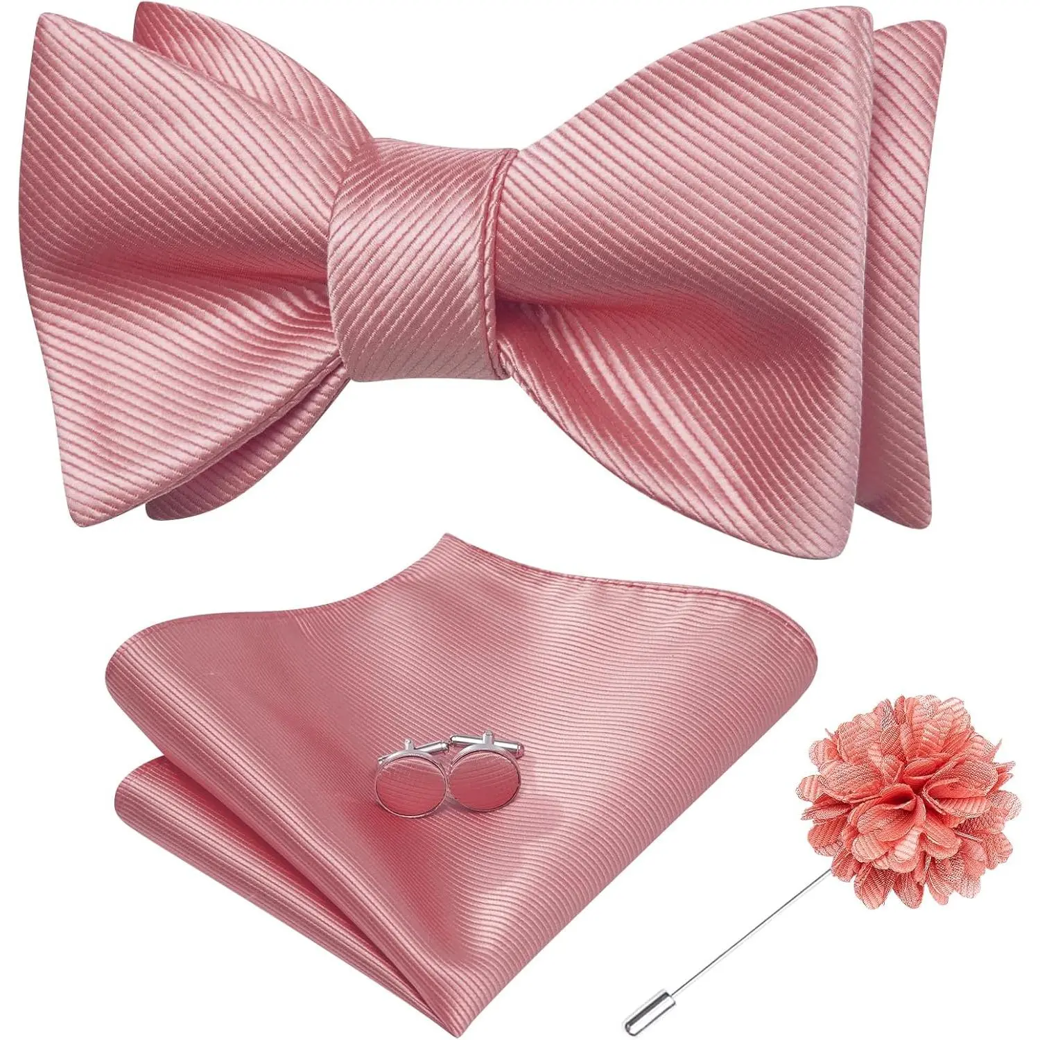 Men's Solid Peach Pink Self-Tied Bow Tie Set, Includes Pocket Square, Flower Lapel Pin & Cufflinks for Wedding Tuxedo, Includes Cufflinks, Set Pack