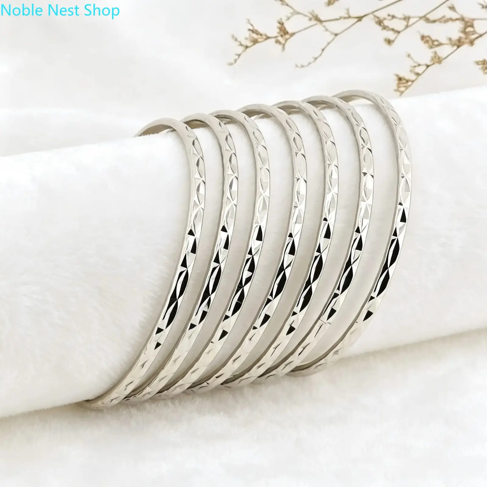 Women 7Pcs Silver Plated Faceted Stackable Bangle Set, Shiny Copper Base Layered Stacking Wrist Jewelry, Polished Layering Bracelets for Daily Wear Birthday & Anniversary Gifts