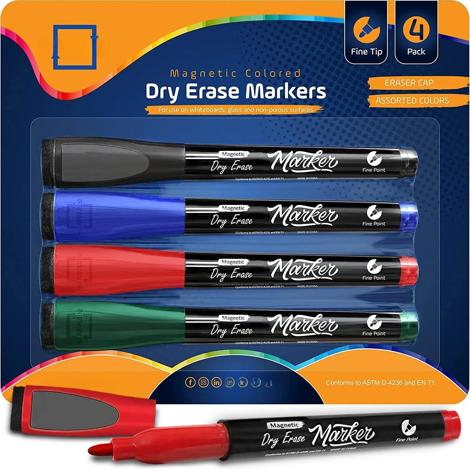 4  Dry Erase Markers Fine Tip  Classic Colors Low Odor Whiteboard Markers with Eraser Cap Thin Skinny White Board Markers for Adults Students Teachers Art  & School