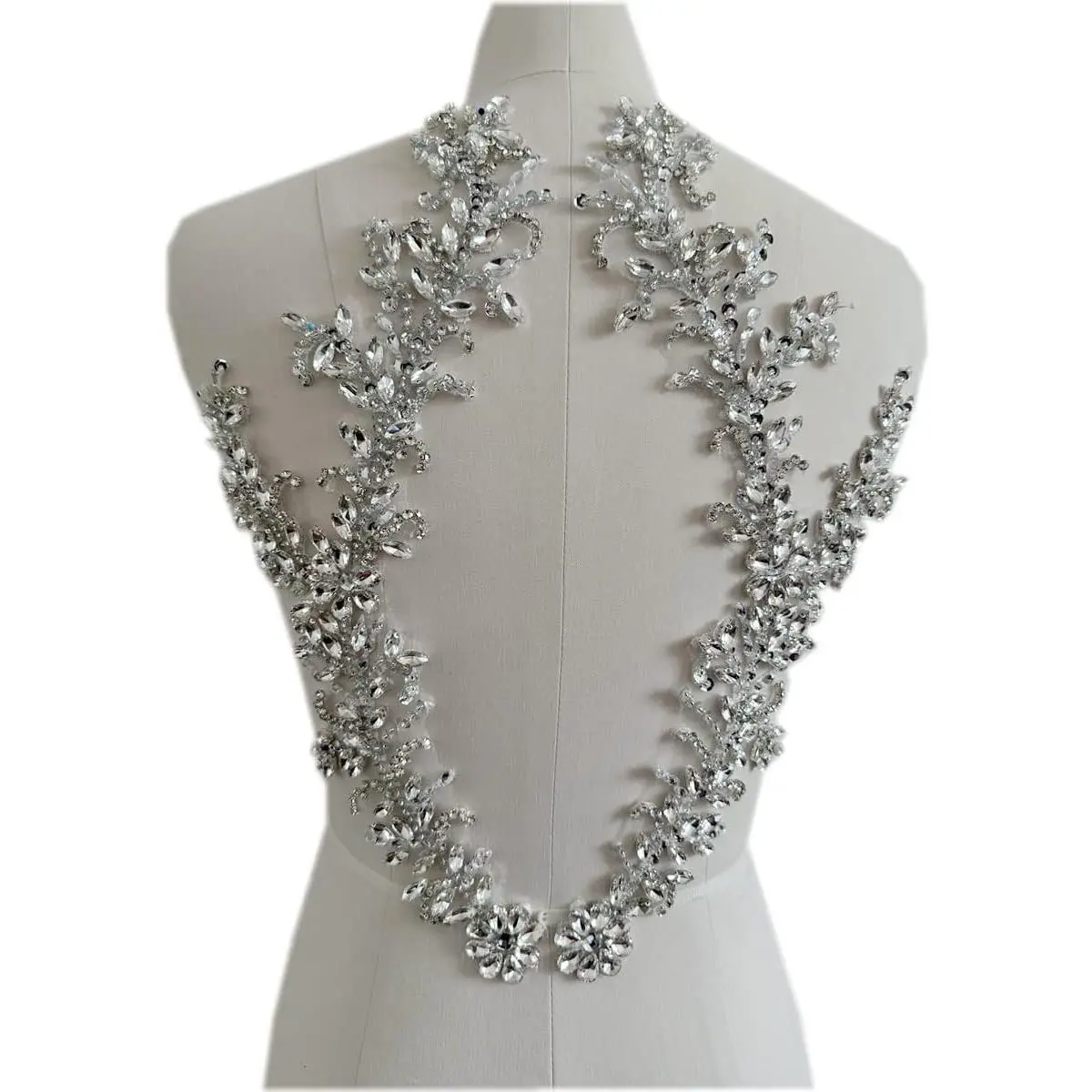 Handmade Rhinestones lace Trim Patches handsewing Beads Applique for Dress DIY Accessories (Silver)