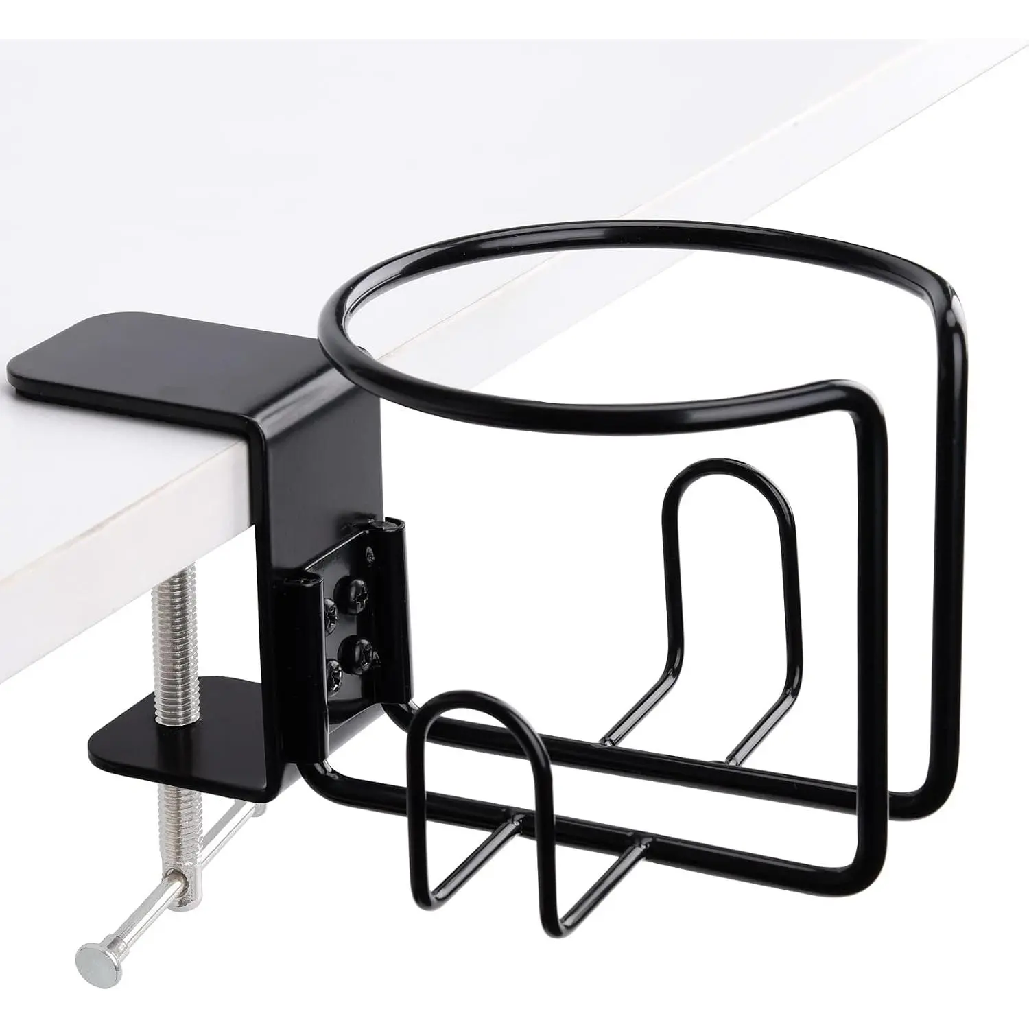 Large Desk Cup Holder, Clip  Table Cup Holder, Anti-Spill Drink Holder for Lawn Chair, Horizontal or Vertical Mount, Pack of 1, Black