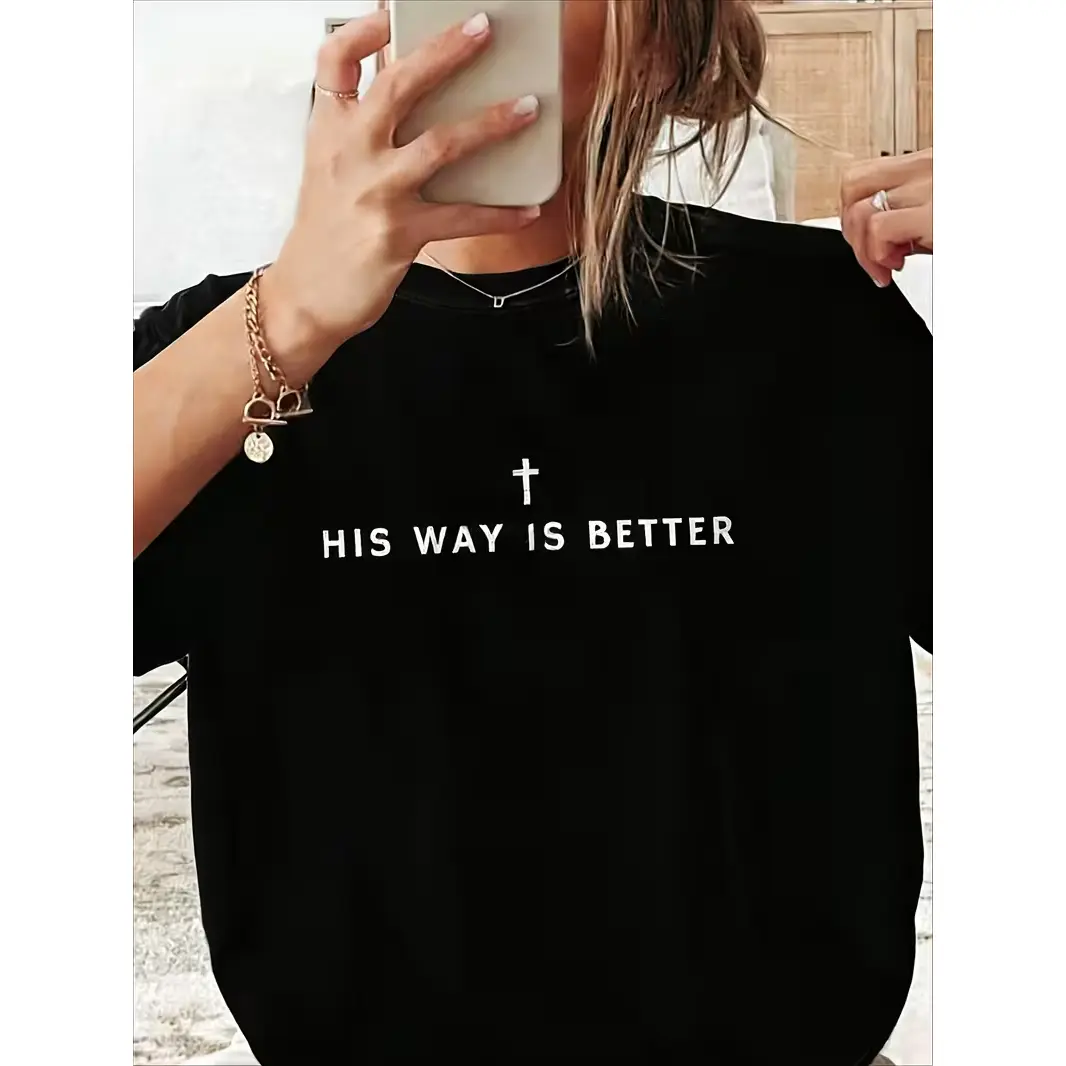 His Way Is Better Simple Cross Vintage T‑Shirts, Unisex Oversized T Shirt, Basic Black Tee 100% Cotton Short Sleeve, Retro Christian Faith Inspirational Casual Outfit Halloween Tee, Black Friday Shopping