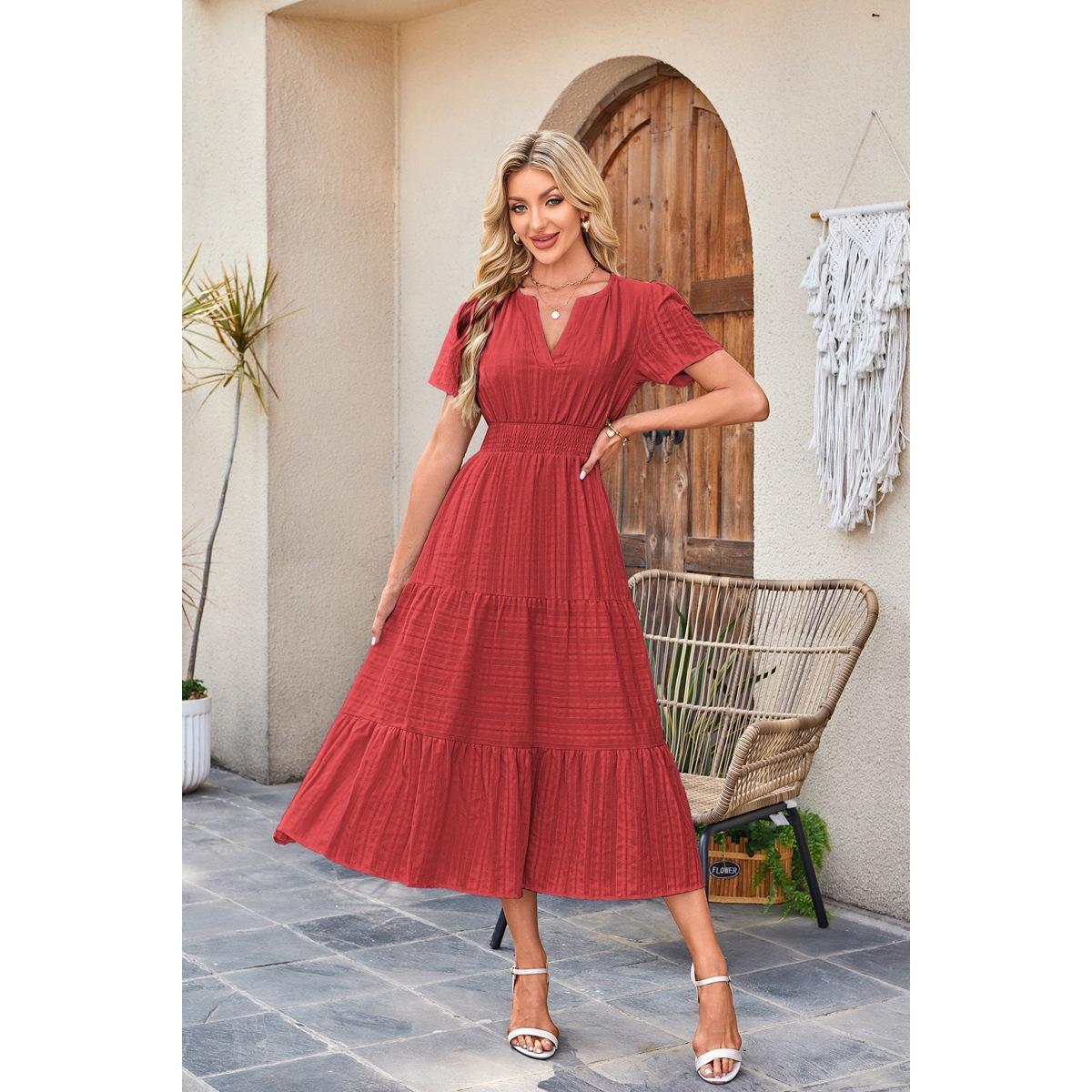 Womens Summer 2026 Casual Midi Maxi Dresses Lightweight Short Sleeve V Neck Elastic Waist Boho Beach Dress Pockets