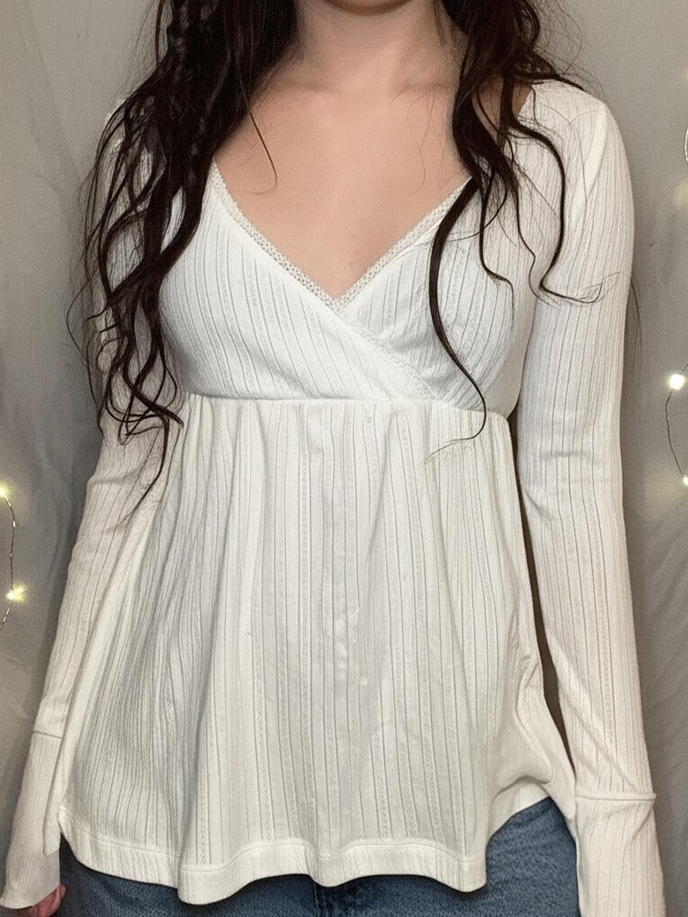 Fashionable Simple Lace Trim Cross V Neck A-Line Long Sleeve Knitted Top Blouse, Trendy Spring & Fall Casual Wear for Women