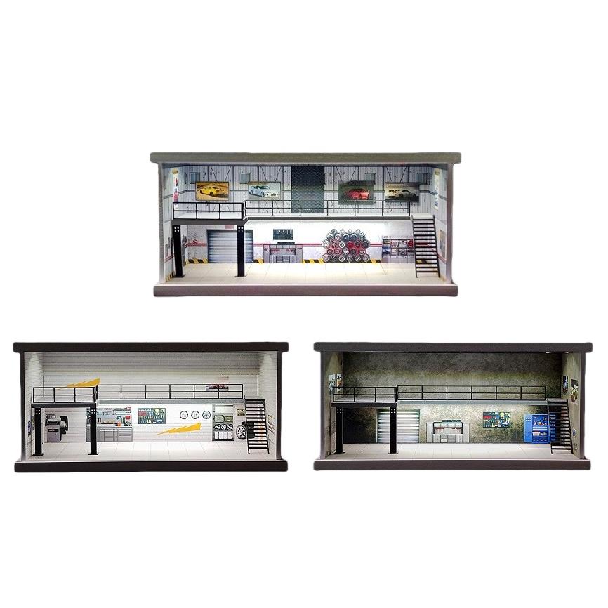 Diorama 1/64 Car Garage Model LED Lighting City Repair Workshop Two-storey Car Parking Lot Scene Display Model Collection Gift Toy