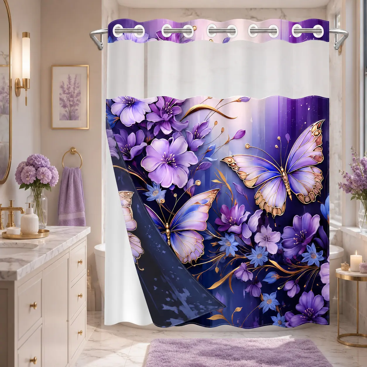 1PC 2D Flat Purple Butterfly, Violet Floral & Gold Vine Pattern Double-Layer Woven Shower Curtain, No Hooks, Transparent Top Window, Removable Snap-On Liner, Elegant Luxury Bathroom Art Decor, Bathroom & Holiday Decoration