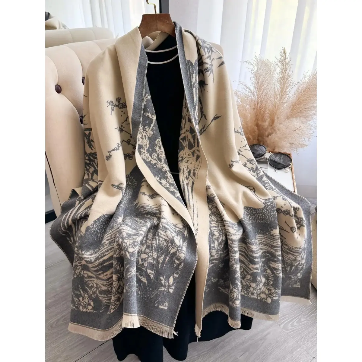 Women's Boho Wrap Shawl in Soft Tencel Blend, Double-Sided Landscape Print, Open Front Fall Cover-Up, 1 Size
